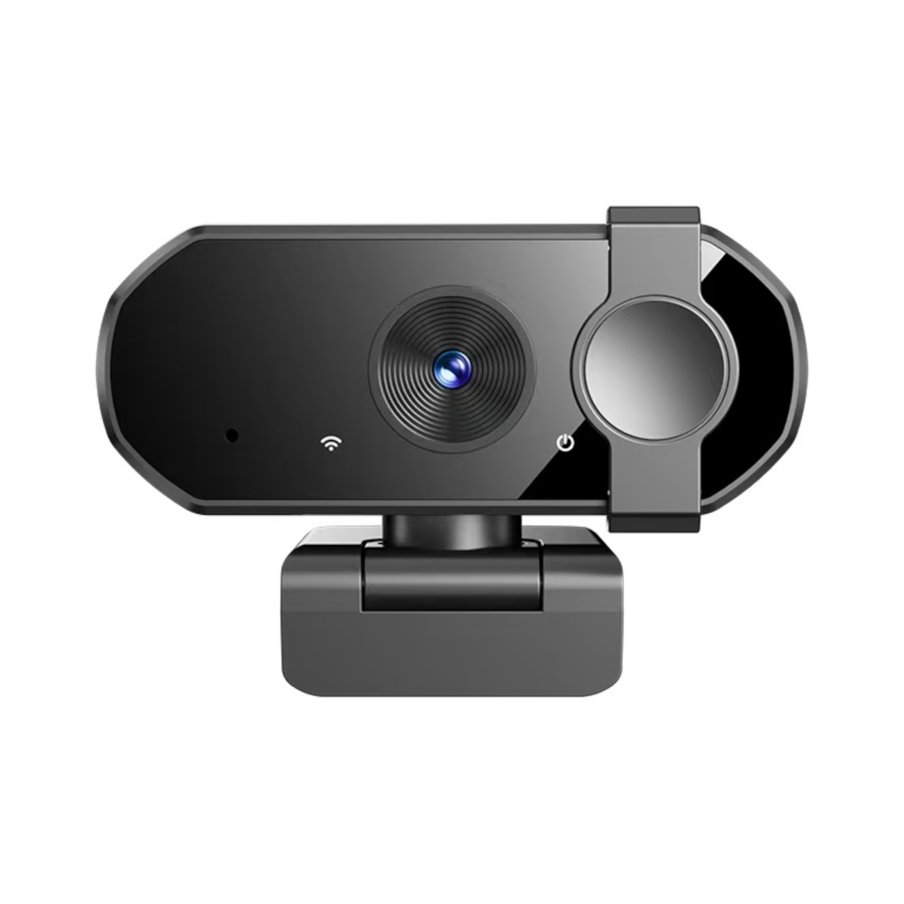 Eine schwarze Webcam mit Objektiv, Ein-/Aus-Taste und Ständer. Das Objektiv hat eine blaue Mitte. Die Webcam befindet sich auf weißem Hintergrund.