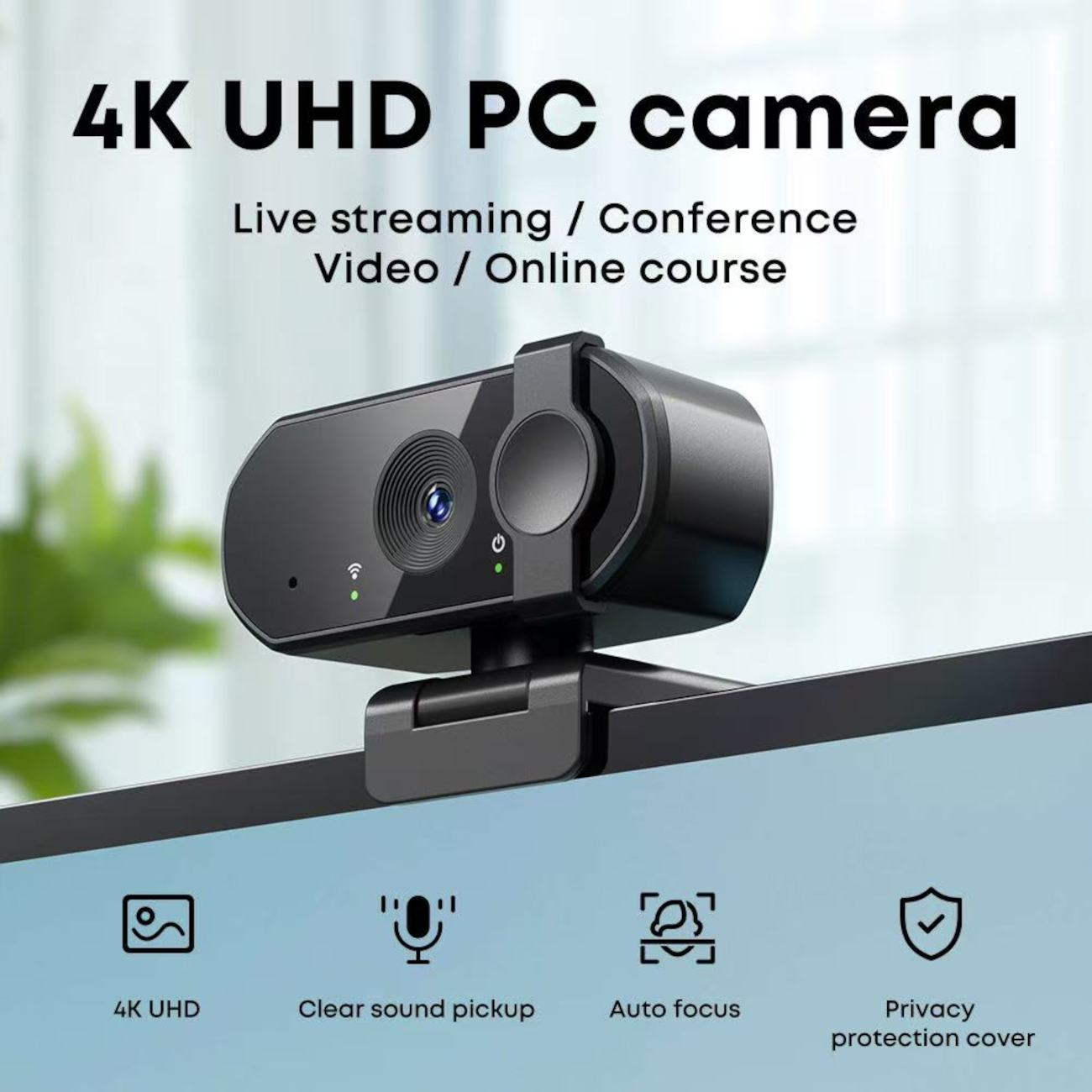 Eine schwarze 4K UHD PC-Kamera, konzipiert für Live-Streaming und Online-Kurse. Zu den Funktionen gehören klarer Ton, Autofokus und eine Sichtschutzabdeckung.