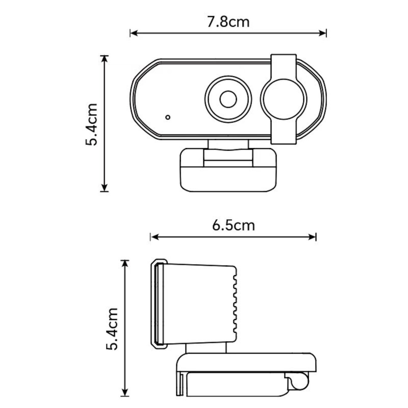 Diagramm einer Webcam. Draufsicht zeigt Abmessungen 7,8 x 5,4 cm, Seitenansicht 6,5 x 5,4 cm. Details Kameralinse, Halterung und Ständer.