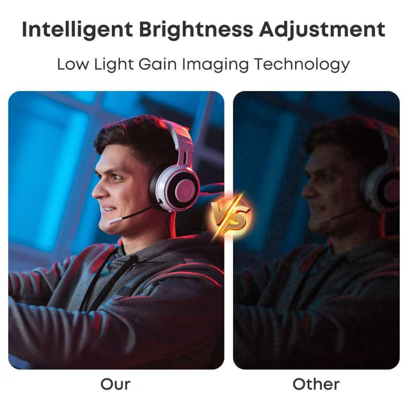 Vergleich der Low-Light-Bildgebung. Links: helles Bild, Mann mit Headset. Rechts: dunkles Bild, derselbe Mann.