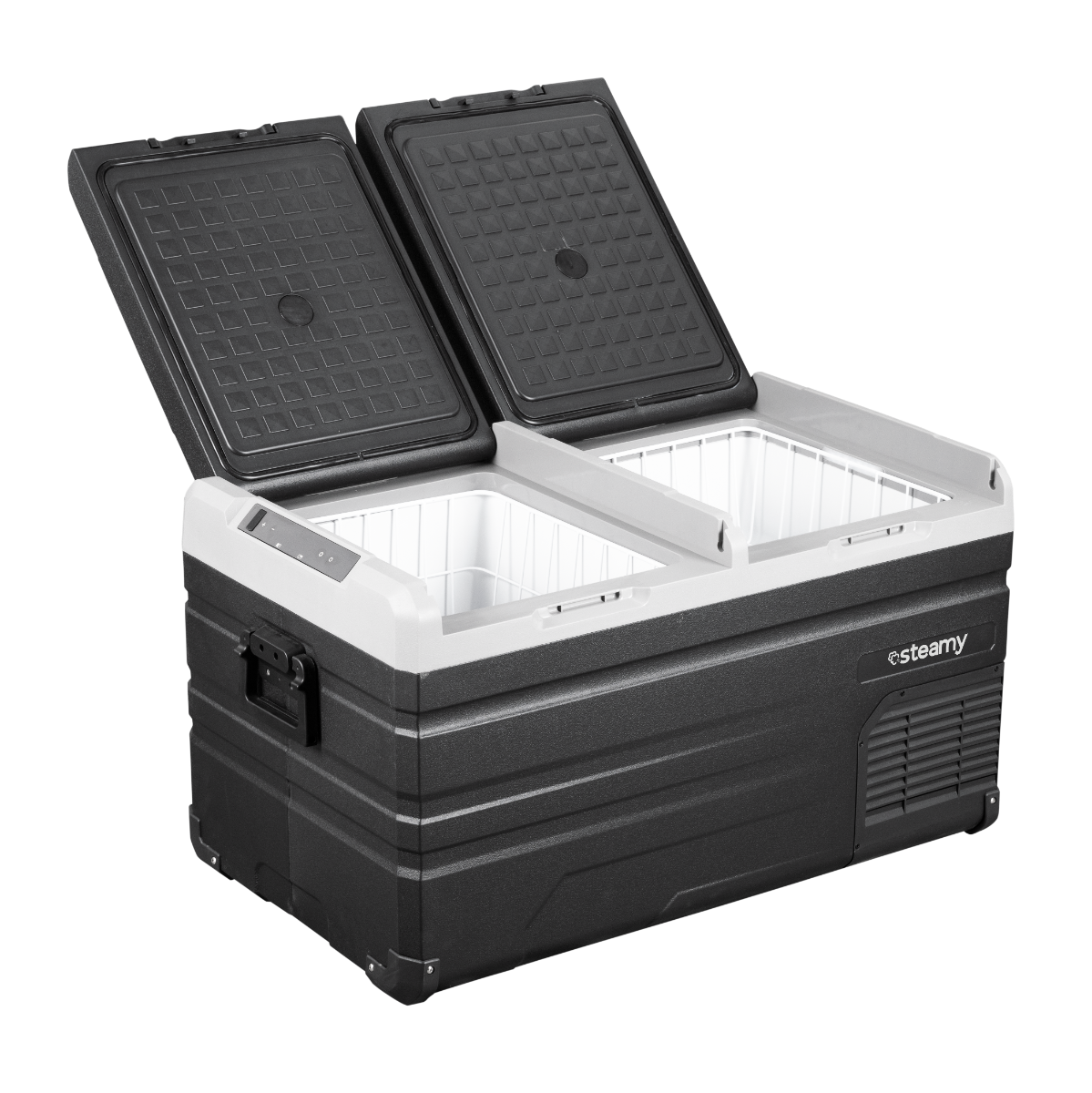 Un réfrigérateur portable noir et blanc ouvert avec deux compartiments et deux couvercles ouverts. La marque "steamy" est visible.