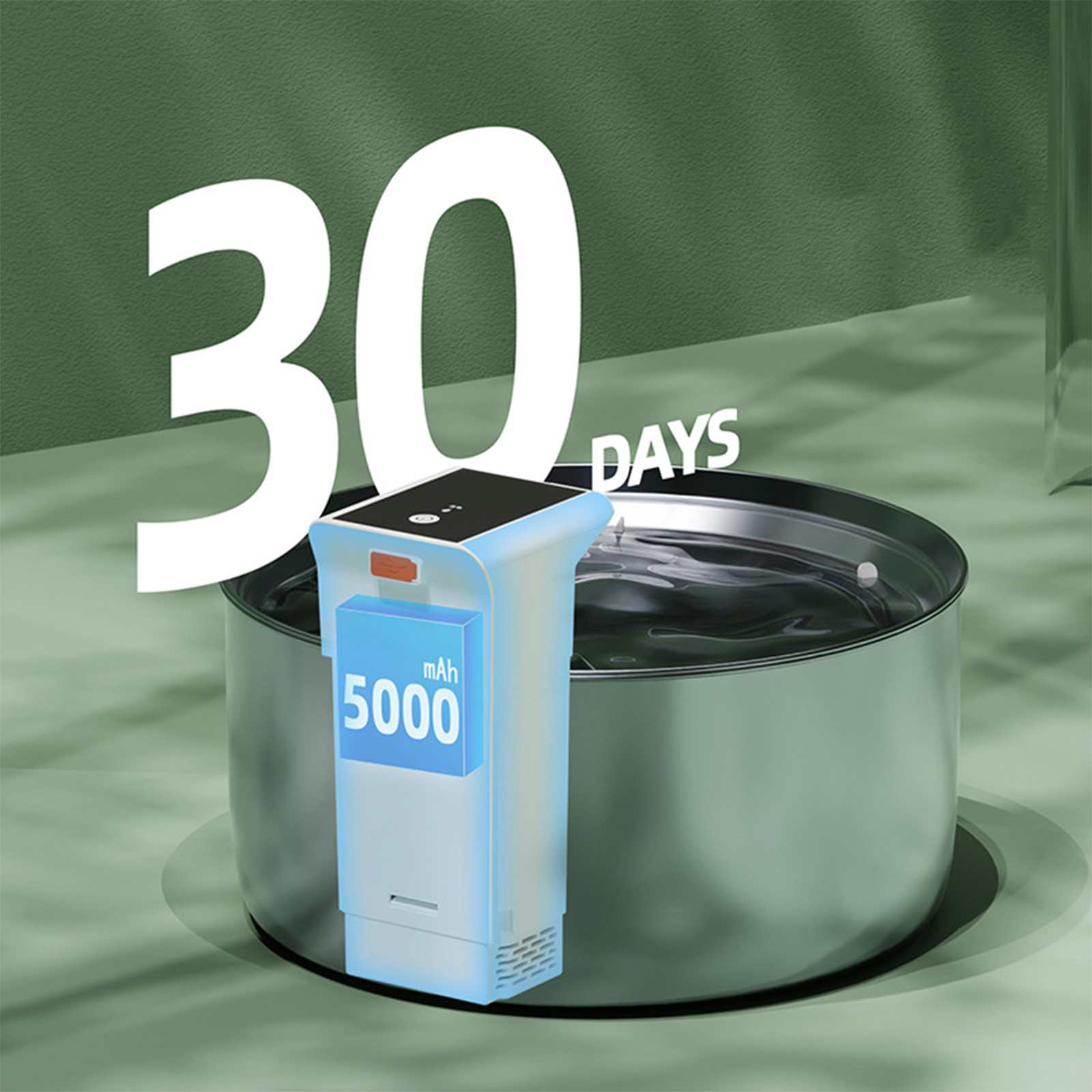 Ein Produkt mit dem Text '30 DAYS', ein Gerät mit der Aufschrift '5000 mAh' und ein Wasserbehälter, alles auf grünem Hintergrund.