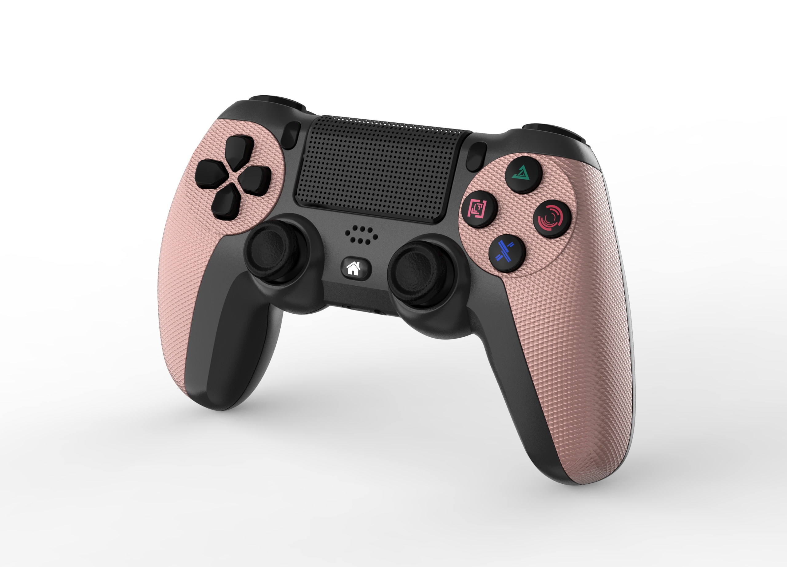 Ein roségoldener und schwarzer PlayStation-Controller auf weißem Hintergrund. Tasten umfassen Formen und ein Steuerkreuz.