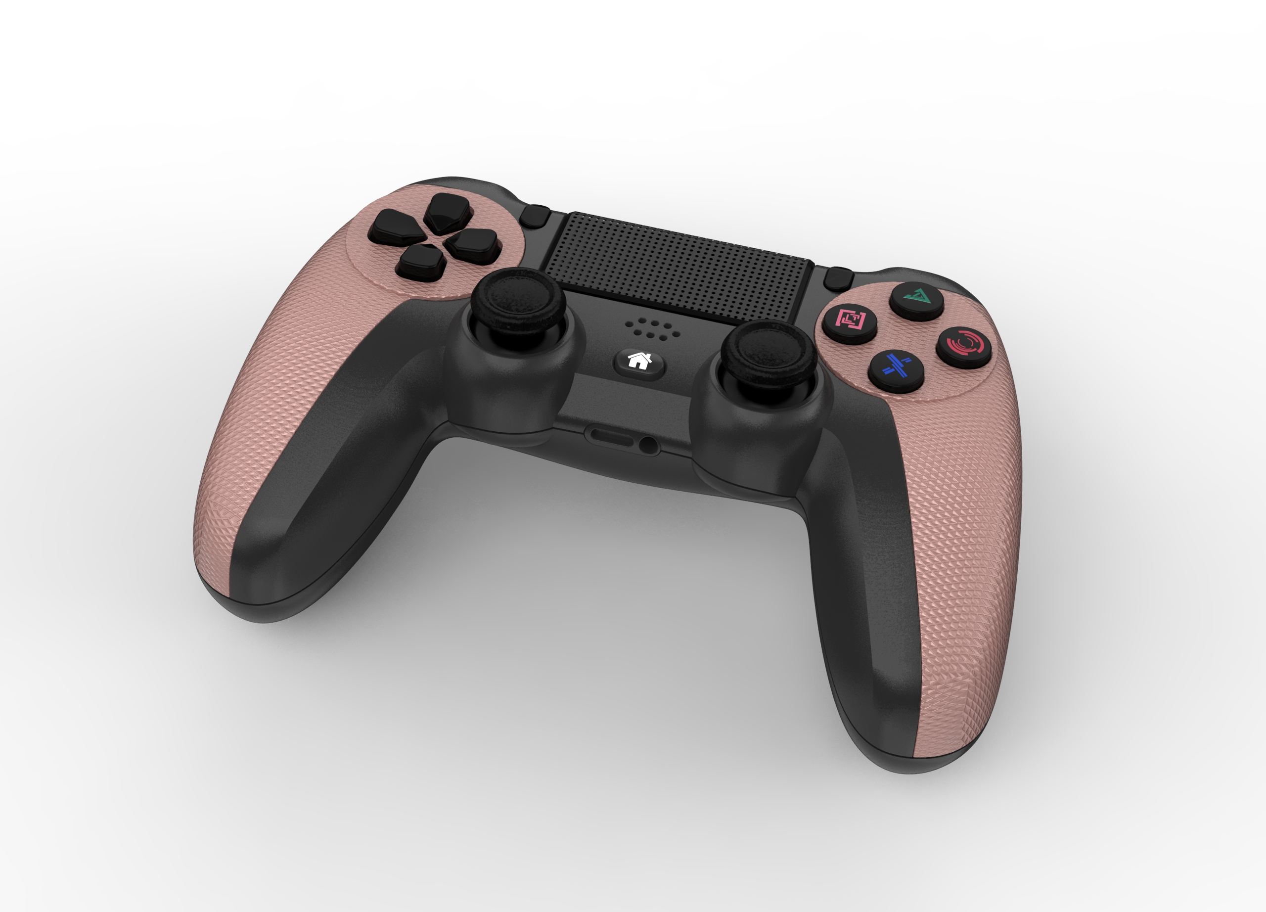 Ein roségoldener und schwarzer Gamecontroller auf weißem Hintergrund. Knöpfe sind blau, grün, rot und schwarz.