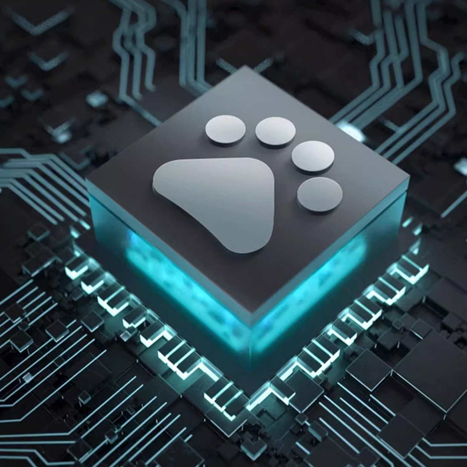Ein Computerchip mit einem Pfotenabdruck-Symbol. Es befindet sich auf einer Platine mit blau leuchtenden Linien.
