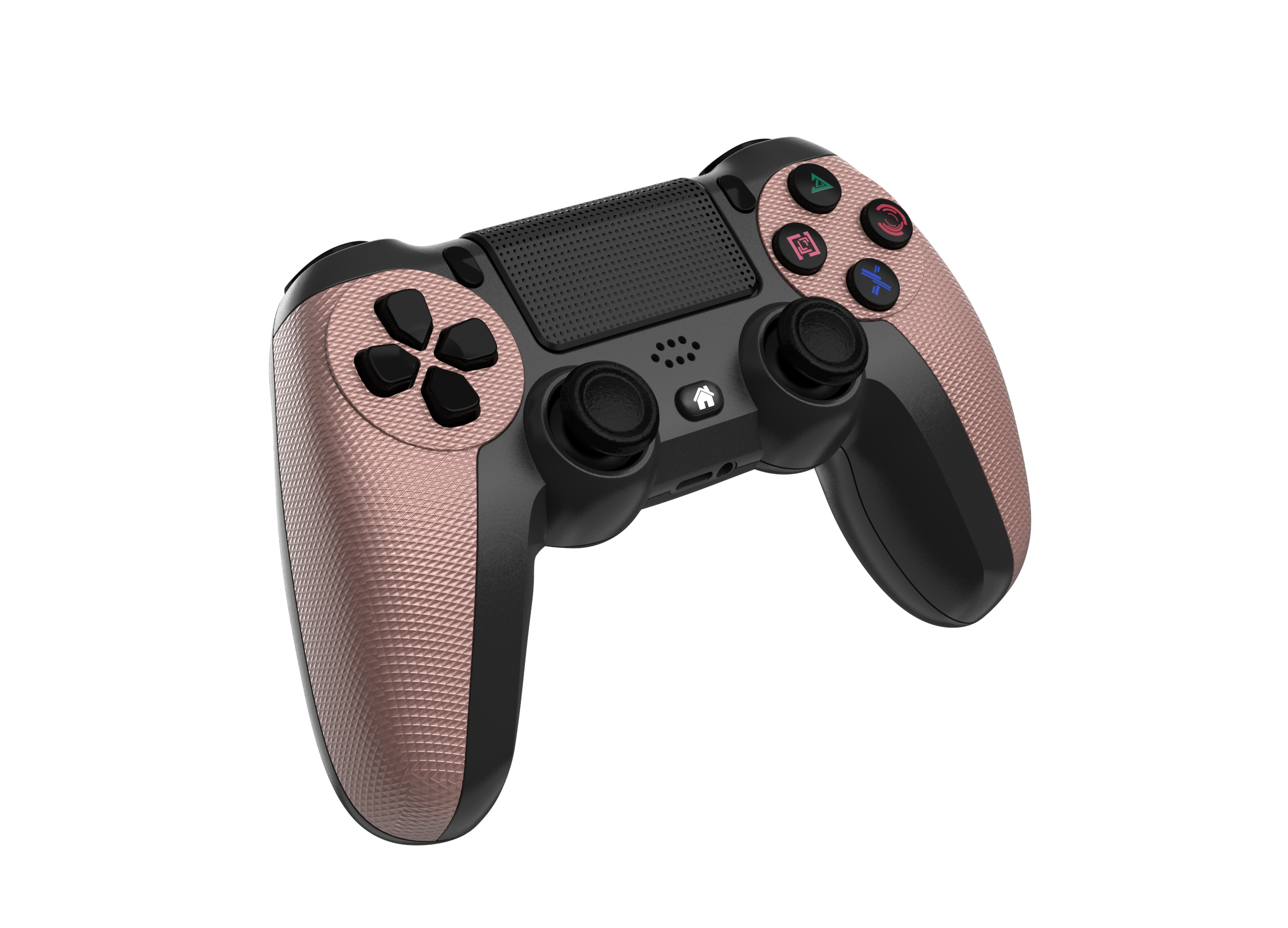 Ein roségoldener und schwarzer Gamecontroller auf weißem Hintergrund, leicht nach oben geneigt. Knöpfe sind verschiedenfarbig.