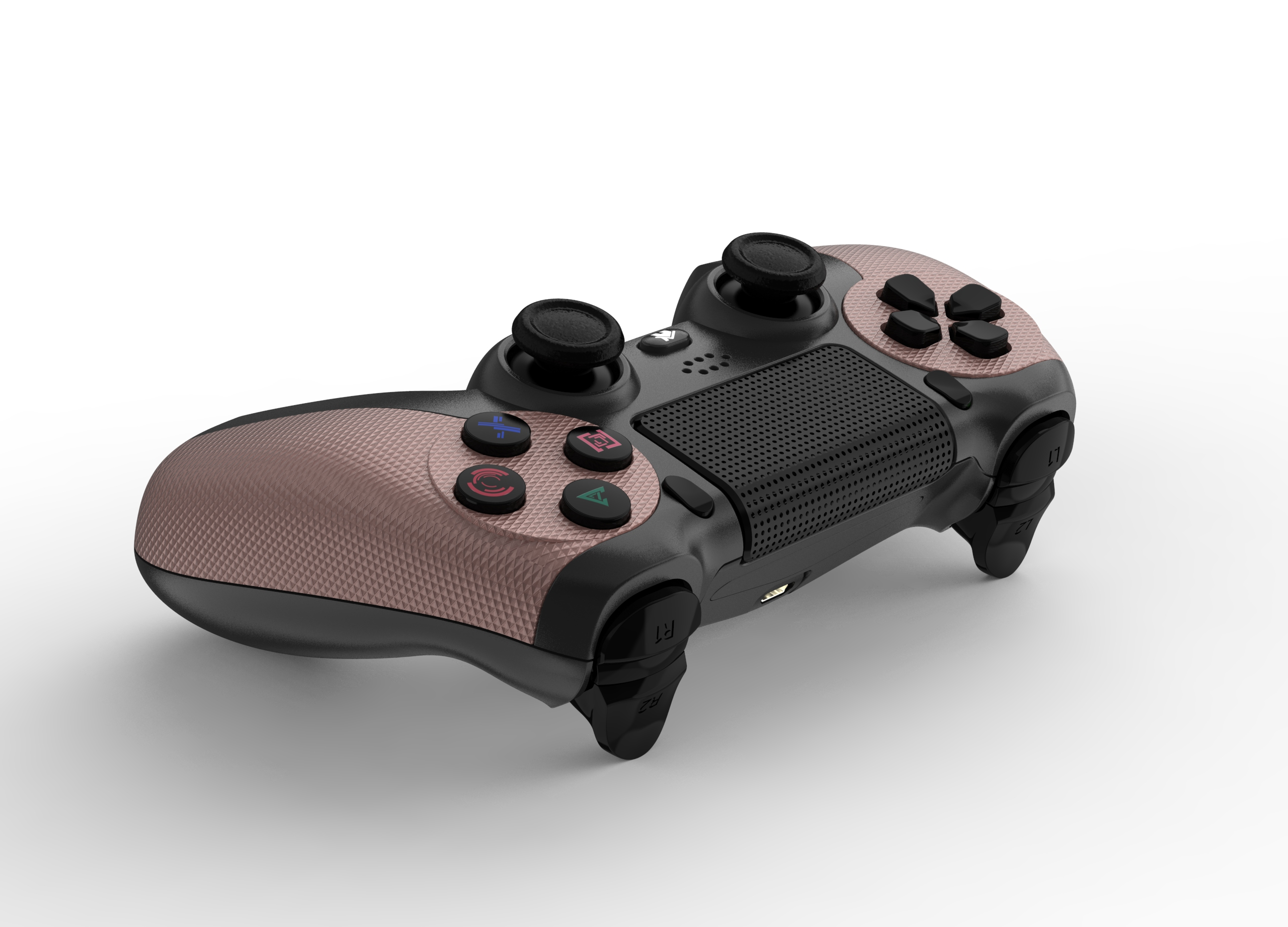 Ein schwarzer und bronzefarbener Game-Controller auf weißem Grund. Er hat Knöpfe, Joysticks und einen strukturierten Griff.