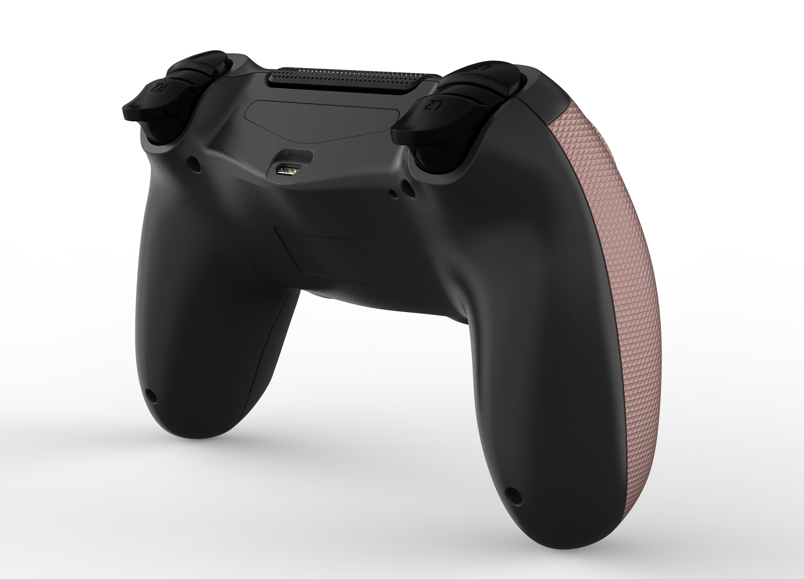 Schwarzer Gamecontroller mit roséfarbenem, strukturiertem Griff. L2- und R2-Tasten sichtbar. USB-Anschluss unten. Weißer Hintergrund.