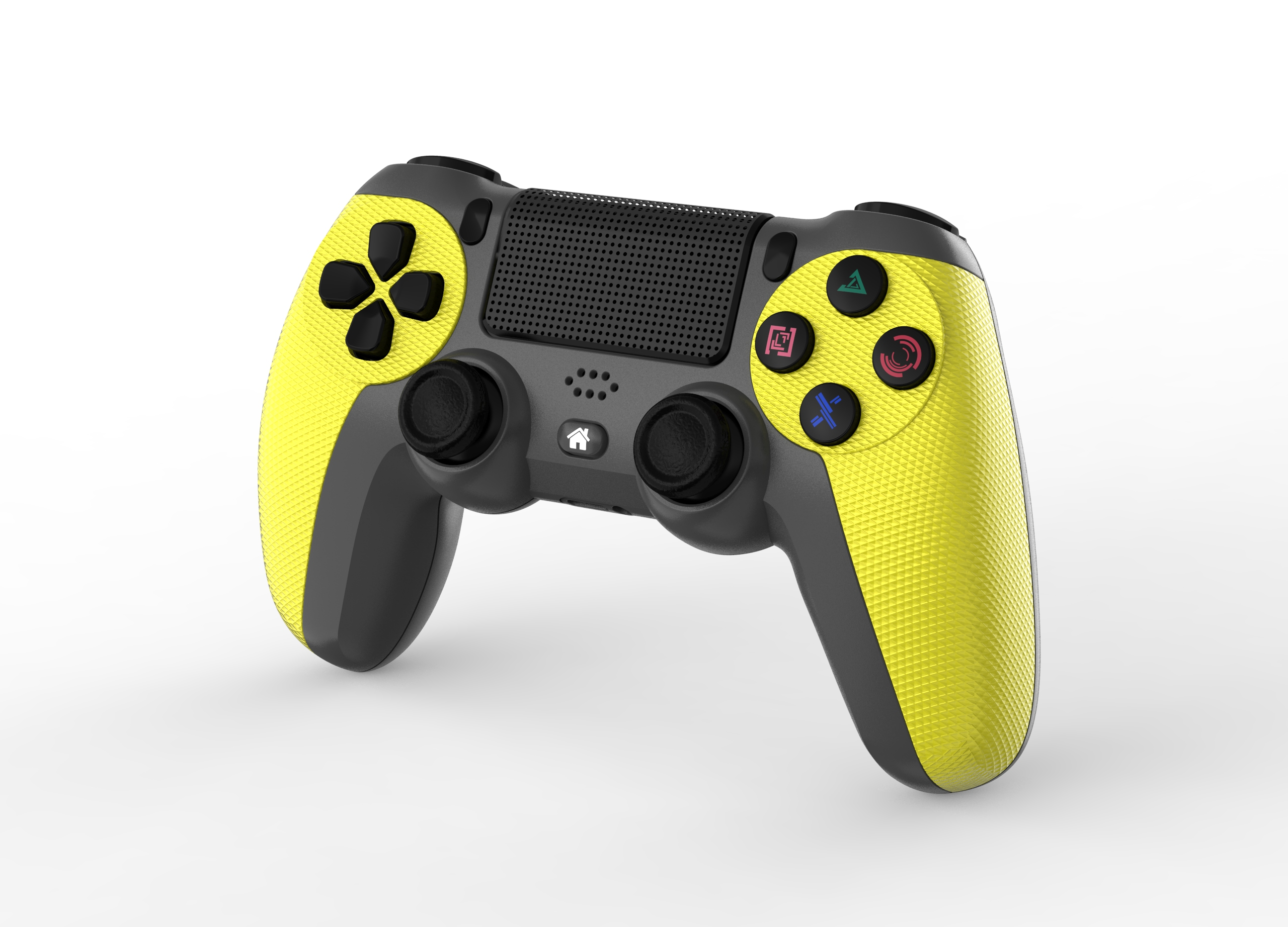 Ein gelb-schwarzes Gamepad auf weißem Hintergrund. Die Knöpfe sind grün, blau, rot und gelb gefärbt.
