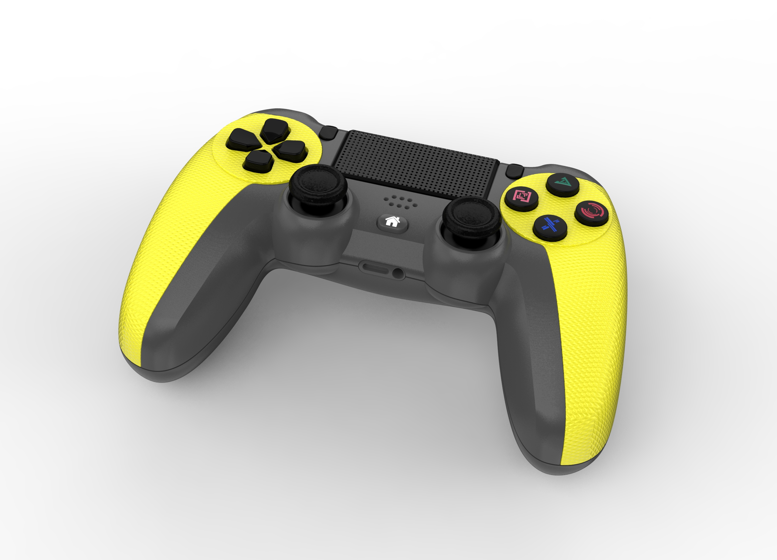 Ein gelb-grauer Gamecontroller. Die Knöpfe sind in verschiedenen Farben gehalten. Der Hintergrund ist weiß.
