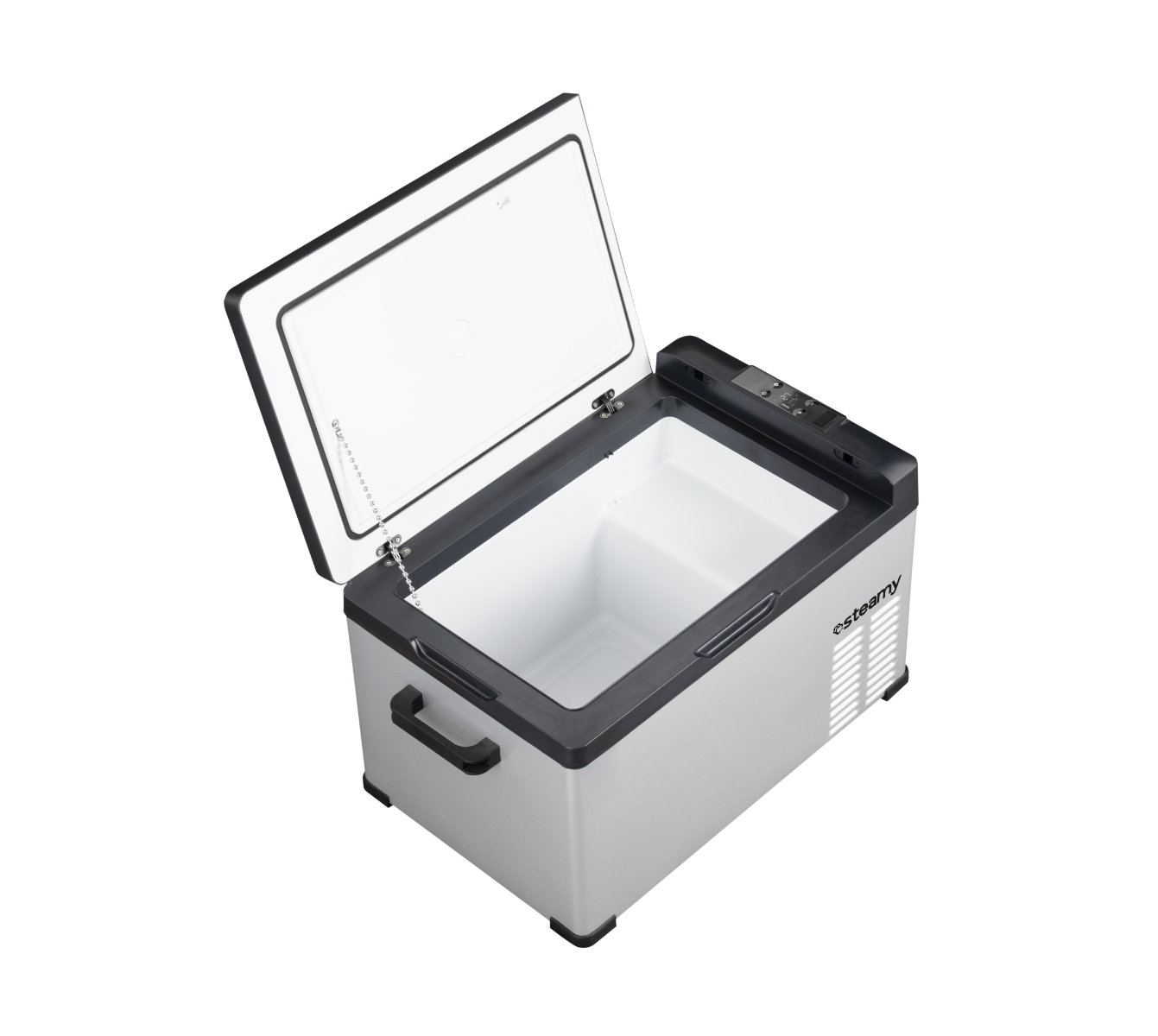 Un réfrigérateur portable ouvert avec un intérieur blanc. Le couvercle est ouvert, révélant l'intérieur. Le réfrigérateur est argenté avec une garniture noire.