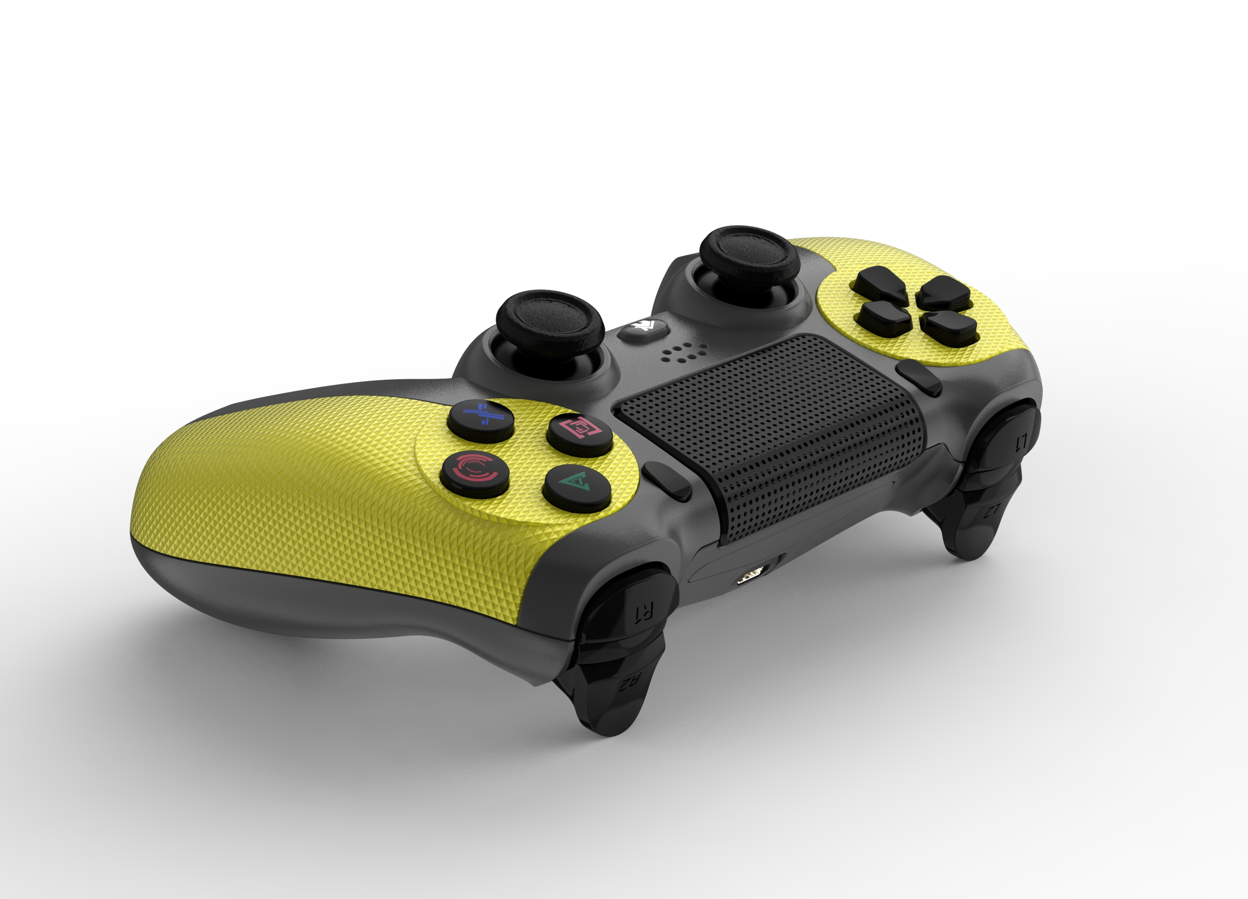 Ein gelb-grauer Gamecontroller auf weißem Hintergrund. Es hat Knöpfe und Joysticks. Der Hintergrund ist weiß.
