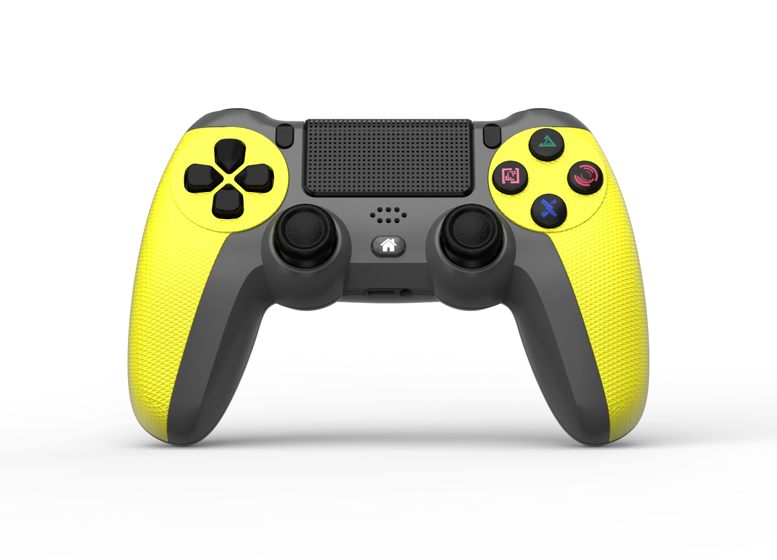 Ein gelb-grauer Gamecontroller mit Tasten und Joysticks auf weißem Hintergrund.