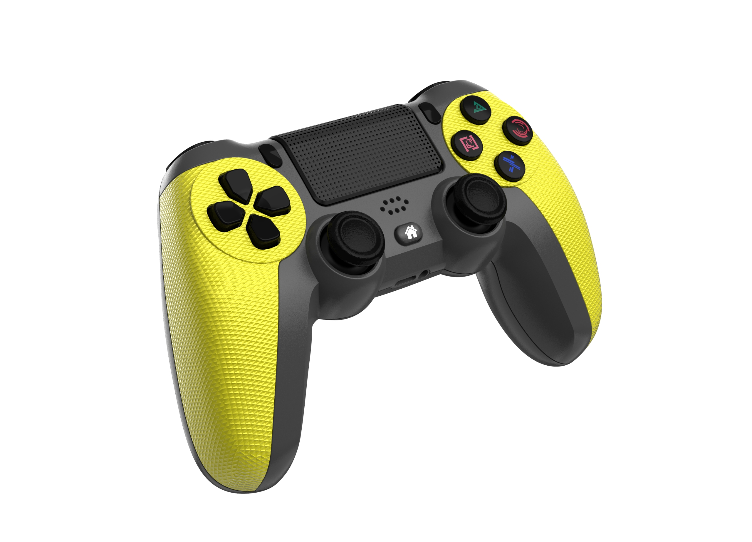 Ein gelber und grauer Gamecontroller, isoliert auf weißem Hintergrund. Knöpfe sind in verschiedenen Farben.