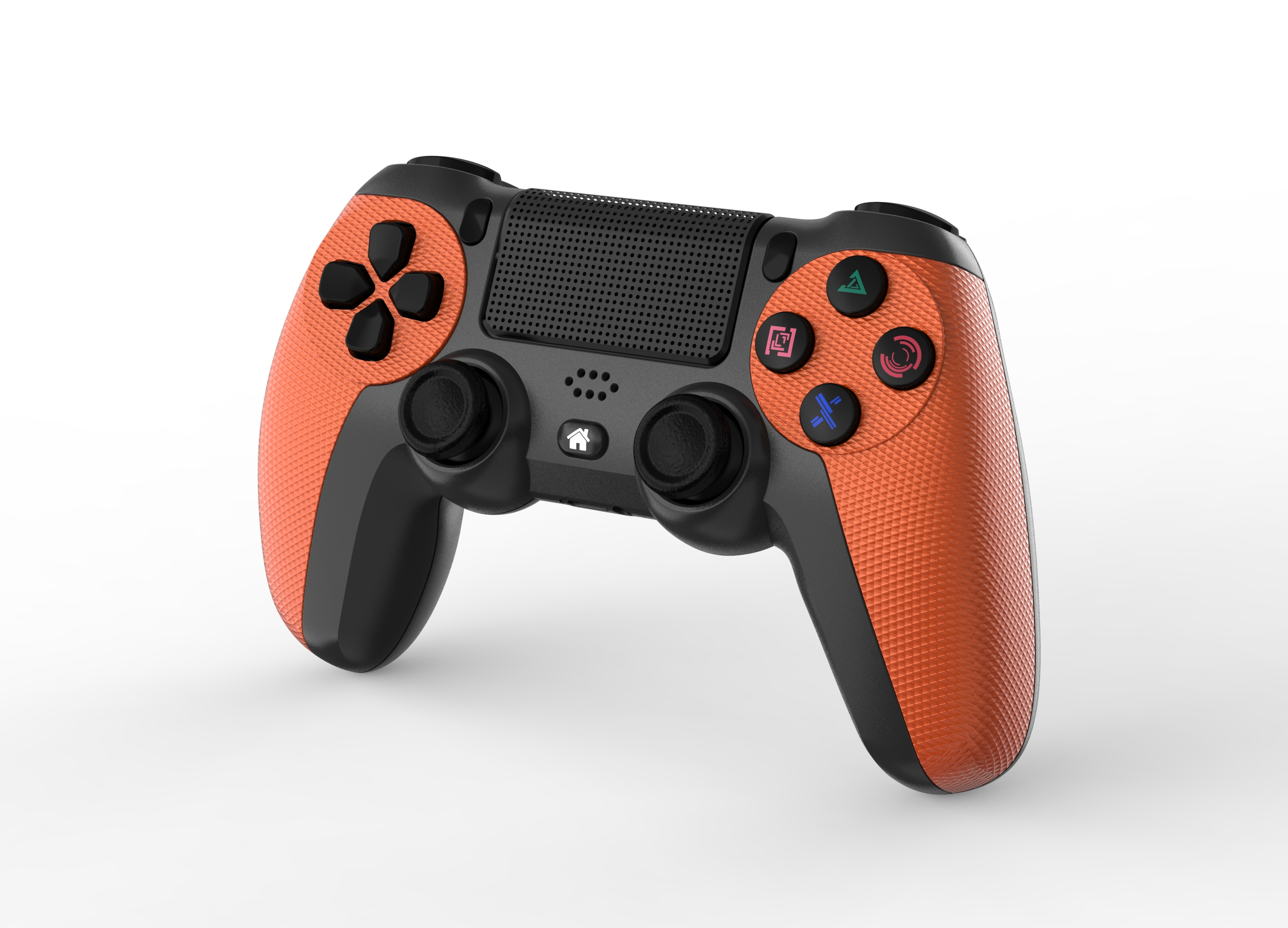 Ein orangefarbener und schwarzer Videospiel-Controller mit strukturierten Griffen und verschiedenen farbigen Tasten.