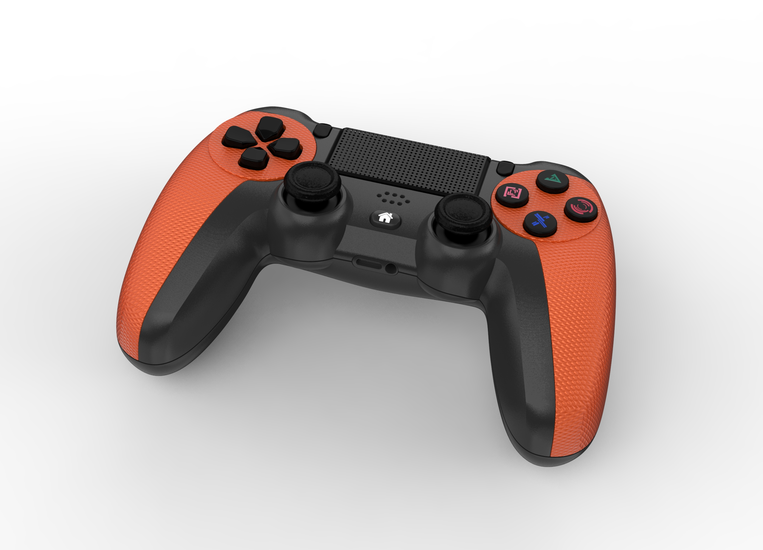 Ein orangefarbener und schwarzer Game-Controller. Die Knöpfe sind verschiedenfarbig. Er ist vor einem weißen Hintergrund platziert.