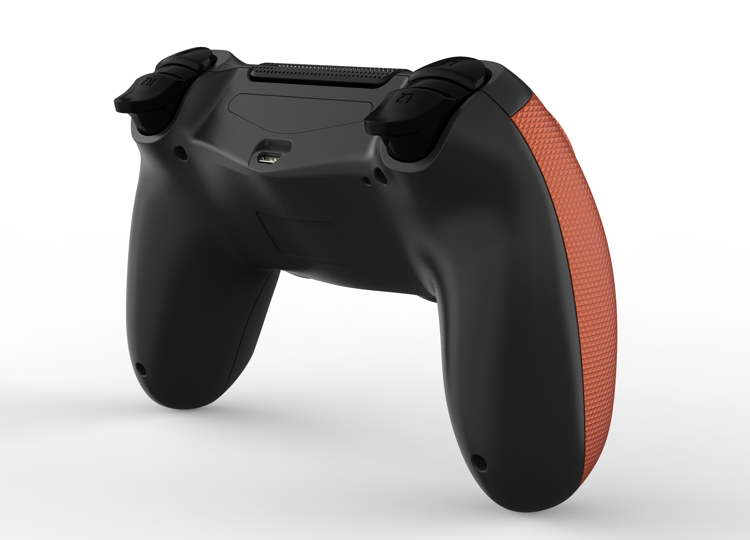 Ein schwarzer und orangefarbener Gamecontroller vor weißem Hintergrund. Der orangefarbene Bereich hat ein Diamantmuster.