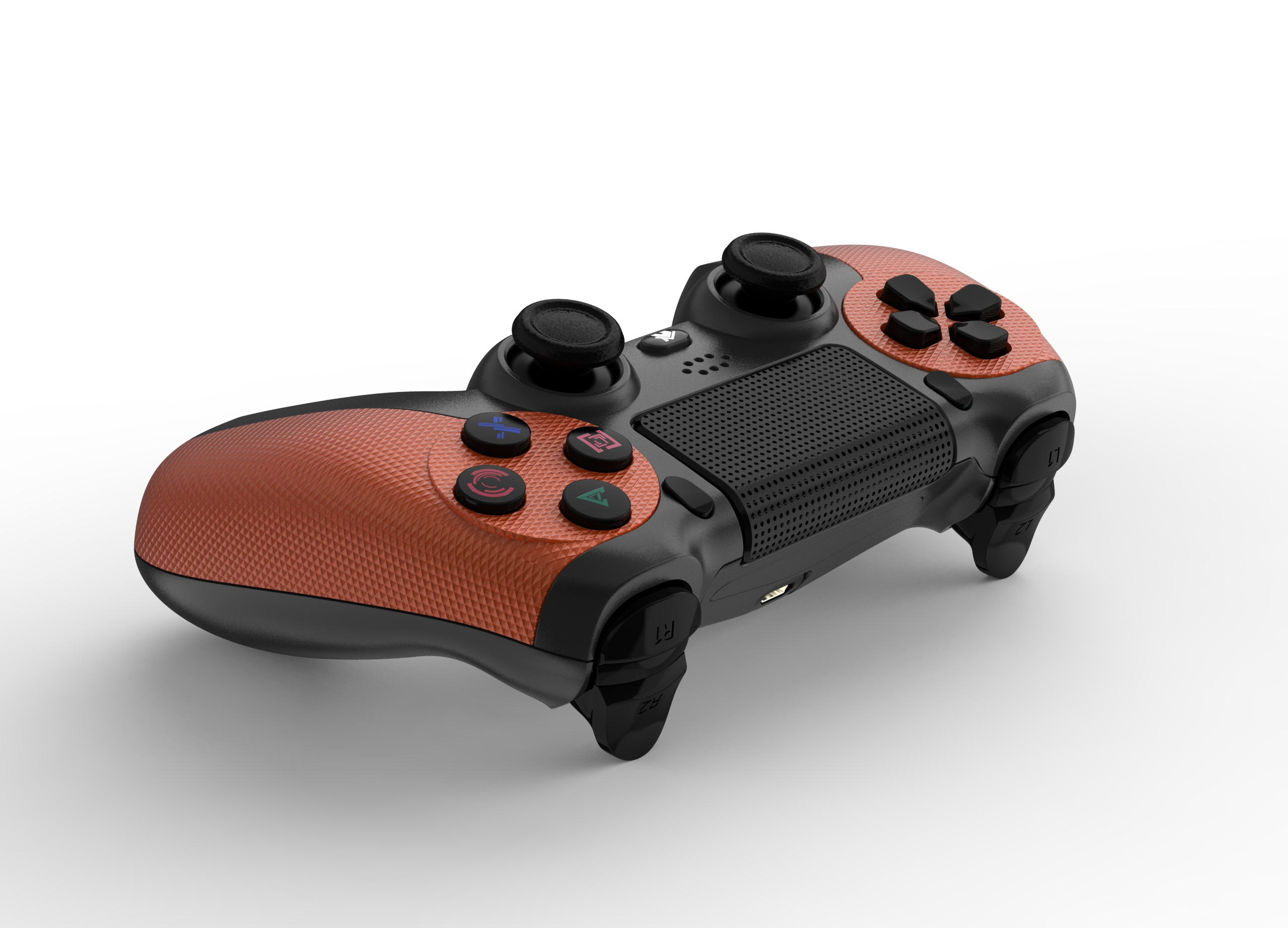 Ein schwarz-oranger Gamecontroller auf weißem Hintergrund. Knöpfe, Joysticks und strukturierte Griffe sind sichtbar.