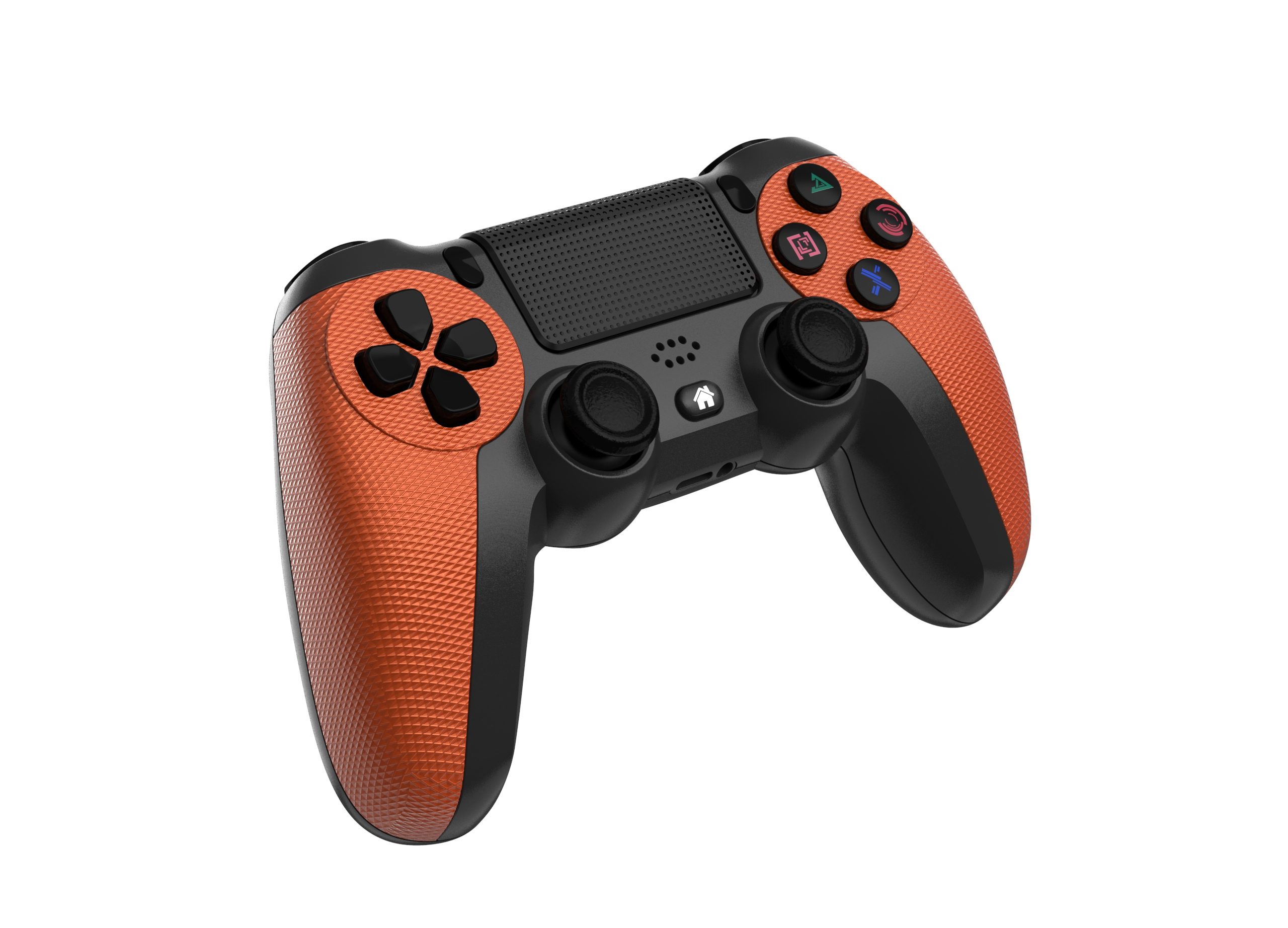 Ein orangefarbener und schwarzer Game-Controller auf weißem Grund. Die Tasten sind schwarz und farbig.