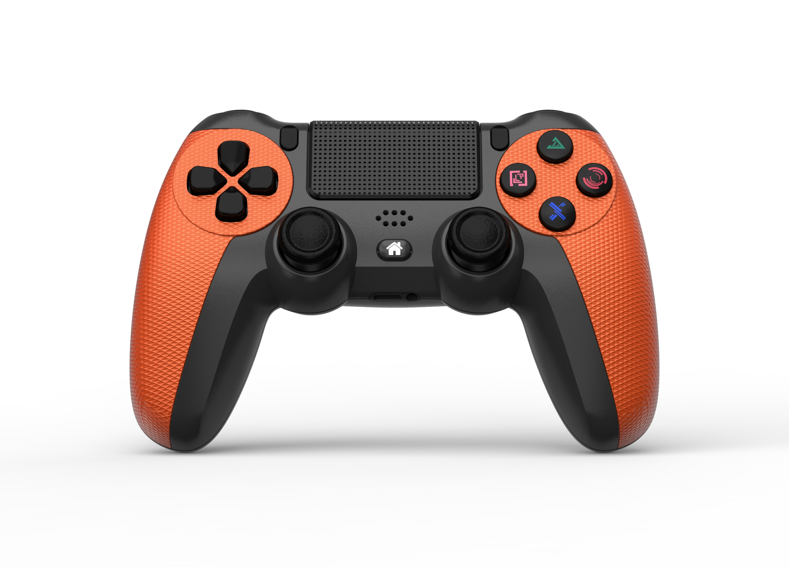 Ein orangefarbener und schwarzer Gamecontroller auf weißem Hintergrund, mit sichtbaren Knöpfen und Steuerknüppeln.