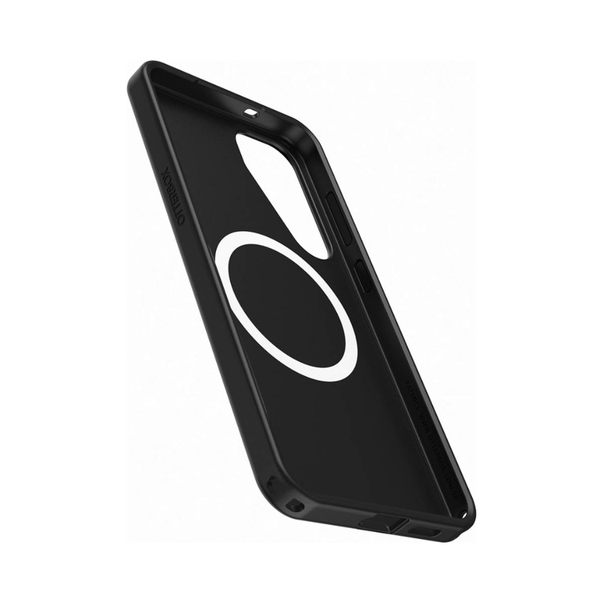 Funda negra para teléfono con círculo blanco. La funda tiene escrito Otterbox. Está en ángulo, mostrando el interior.
