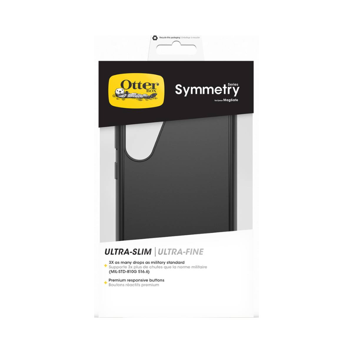 Embalaje de la funda para teléfono OtterBox Symmetry. Estuche negro dentro del paquete blanco y negro, con información del producto.