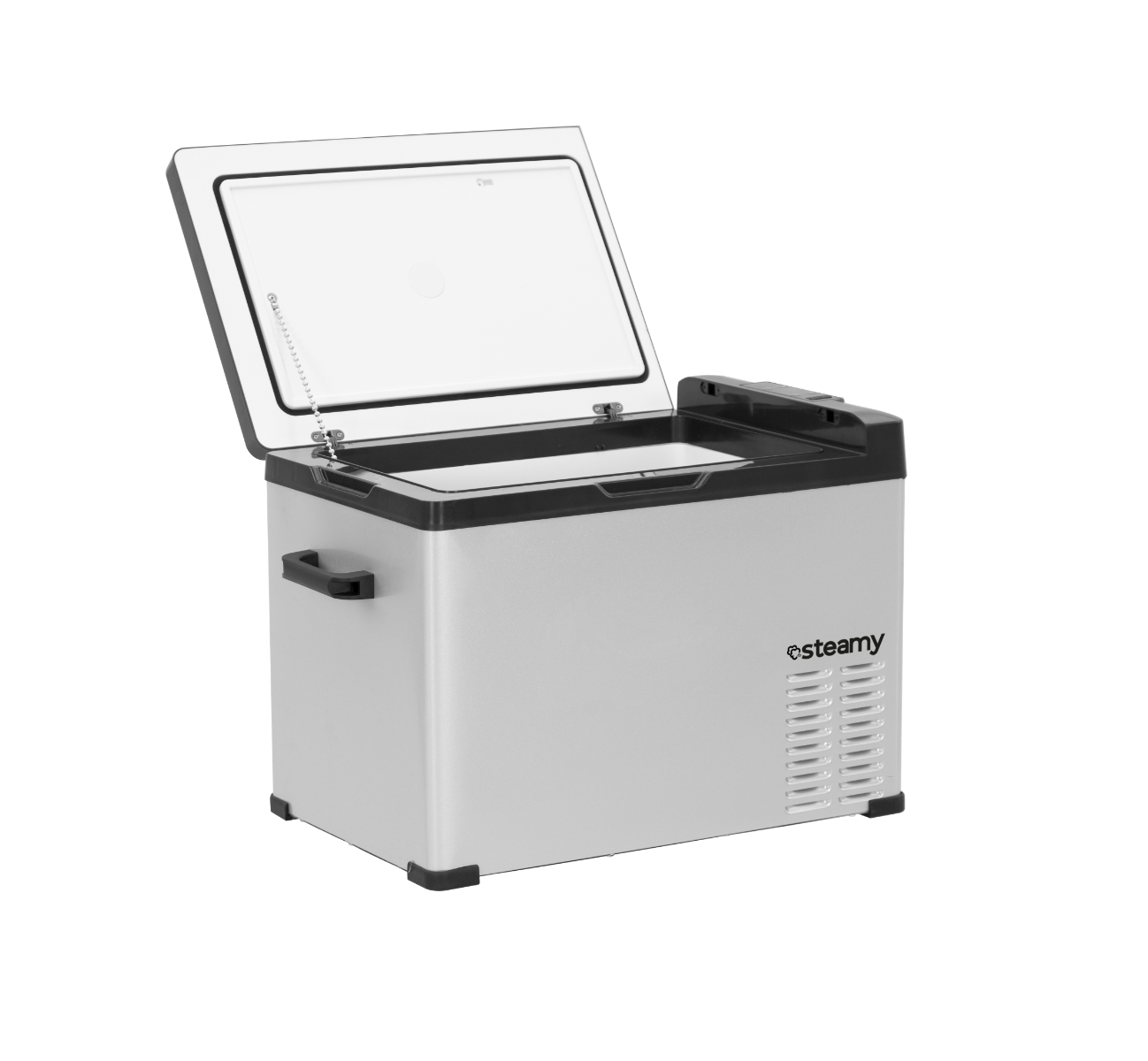 Un réfrigérateur portable argenté avec un couvercle noir, ouvert. La marque 'steamy' est visible. Il est sur une surface noire.