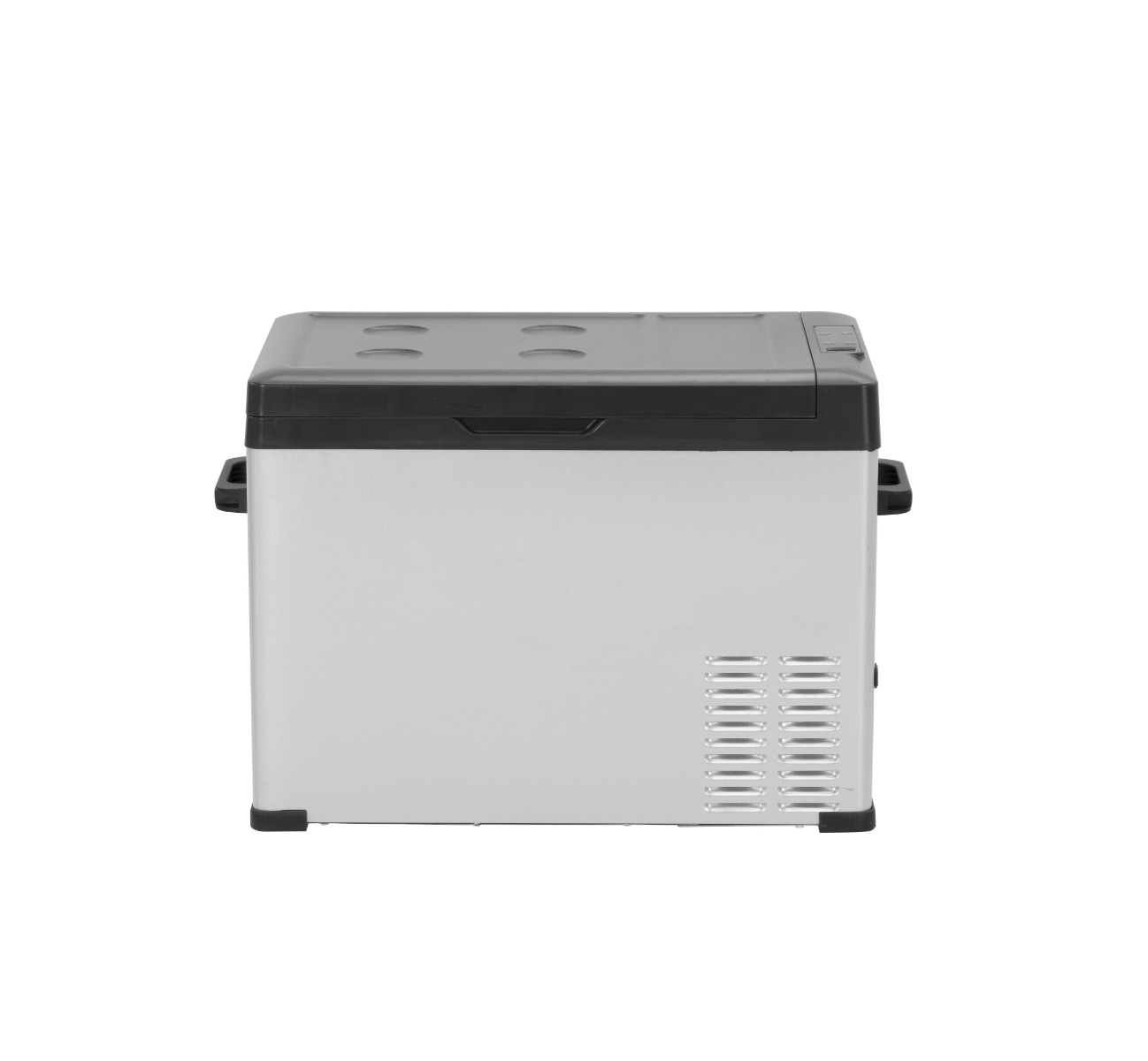 Une glacière argentée avec un couvercle et des poignées noires. Elle est de forme rectangulaire et sur fond blanc.
