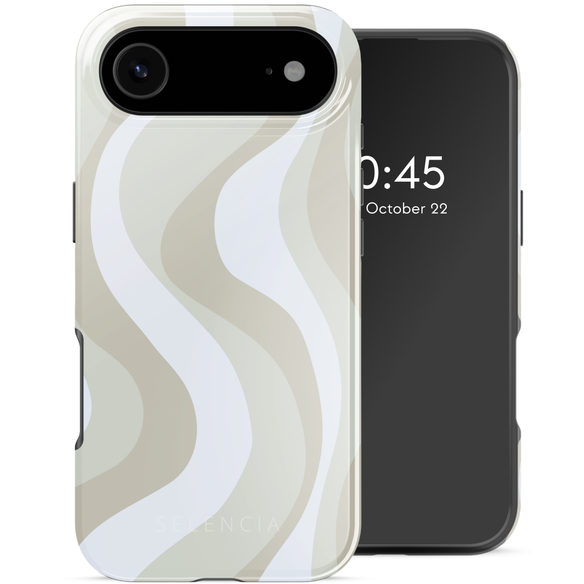 Un téléphone avec un étui beige et blanc ondulé, à côté d'un téléphone noir affichant l'heure et la date.