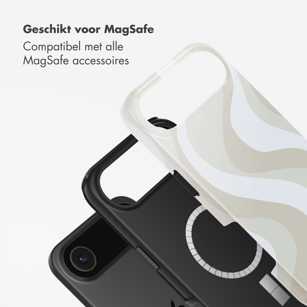 Un téléphone avec un étui noir et un étui à tourbillon blanc et beige. Le texte dit : Convient pour MagSafe, Compatible avec tous les accessoires MagSafe.