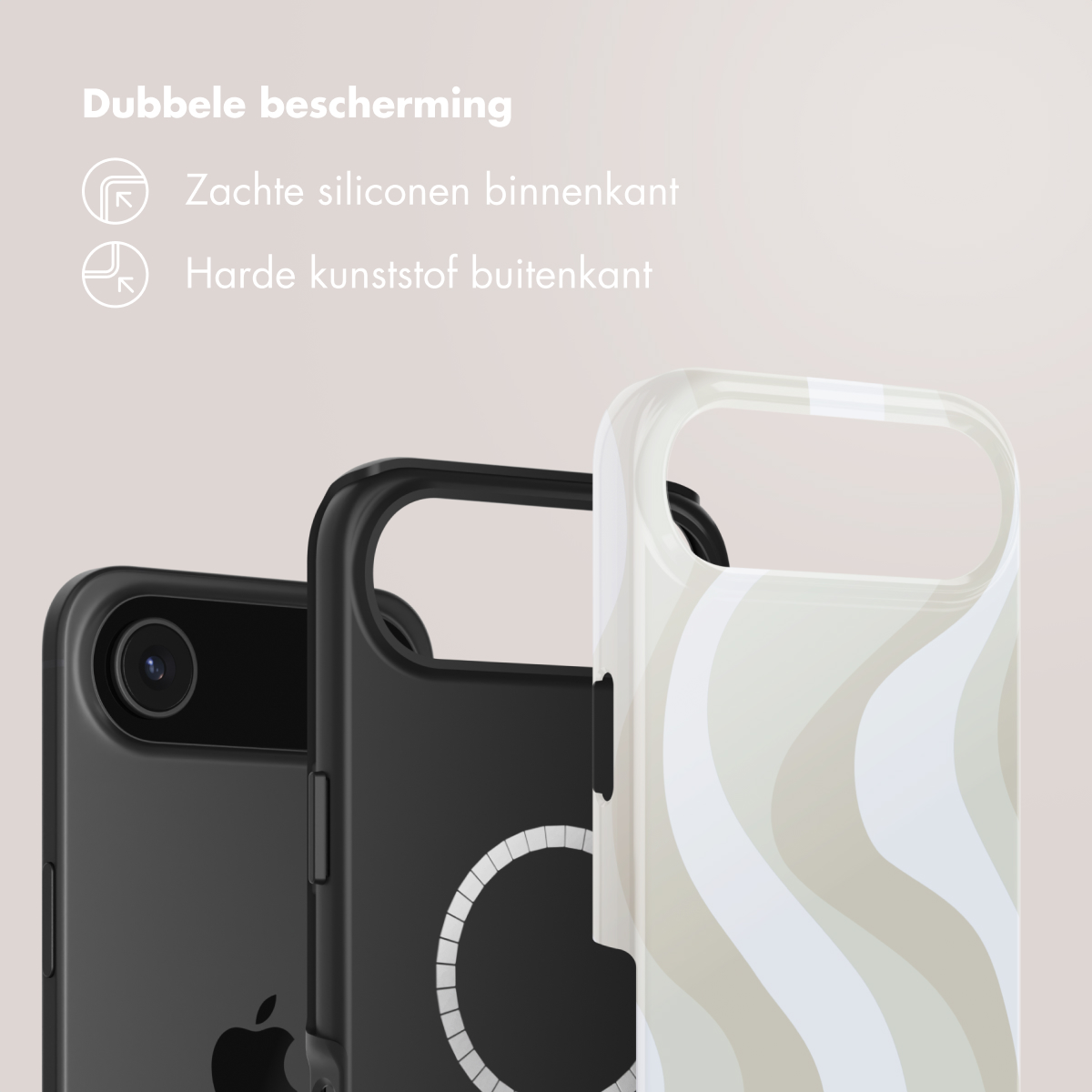 Trois coques de téléphone, noires et blanches. Une coque a un motif ondulé. Texte néerlandais : Double protection, silicone souple à l'intérieur, plastique dur à l'extérieur.