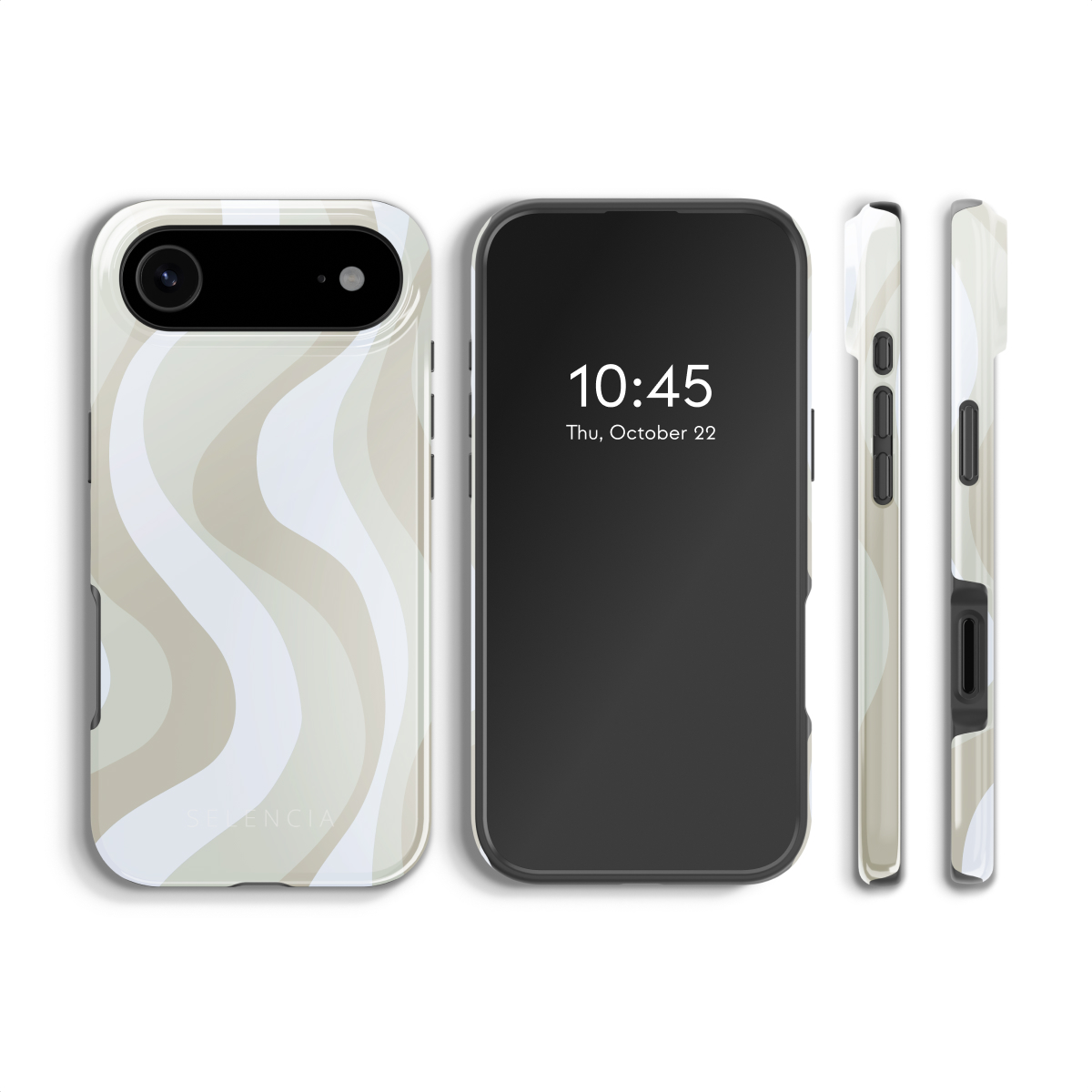 Trois téléphones, un avec écran allumé. Les étuis ont un motif ondulé beige et blanc. L'heure affichée est 10h45. Fond blanc.