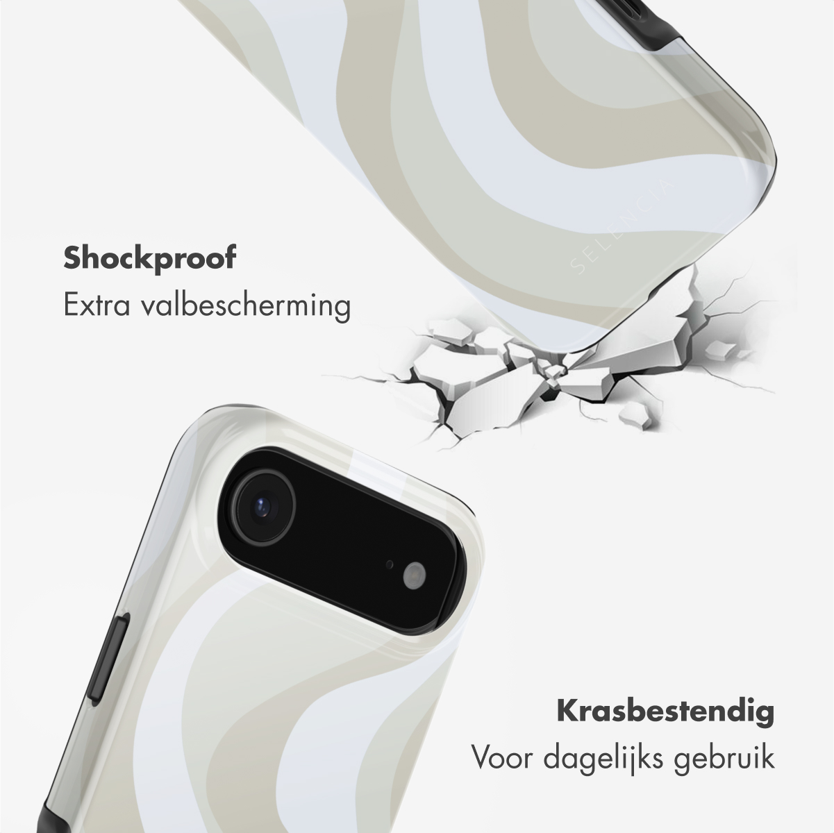 Deux coques de téléphone à motifs vagues. L'une fissure une surface. Texte : Anti-choc, Protection supplémentaire, Résistant aux rayures.