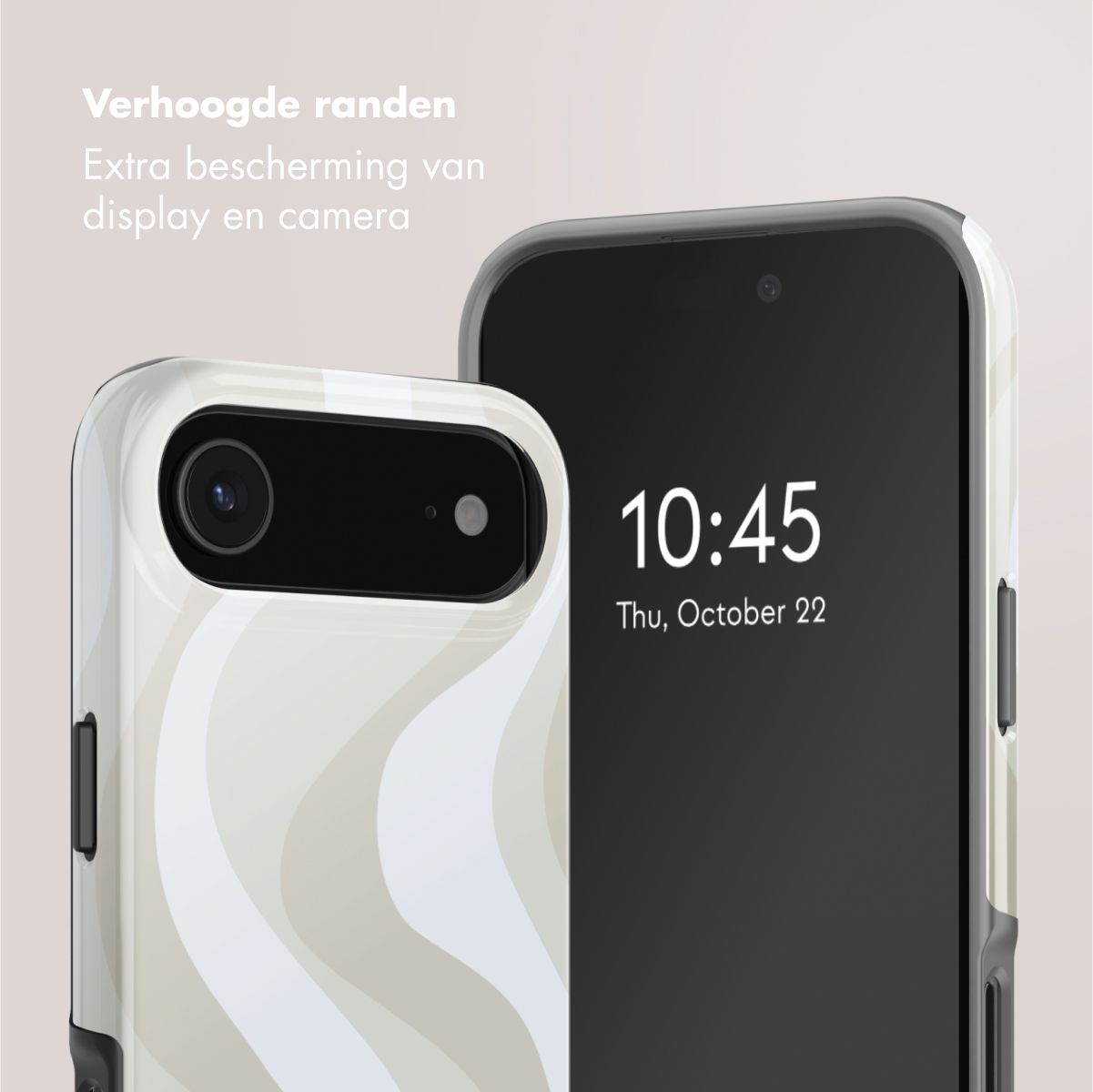 Deux smartphones avec étuis. Un étui a un motif de vagues et l'autre affiche l'heure : 10h45, jeudi 22 octobre.