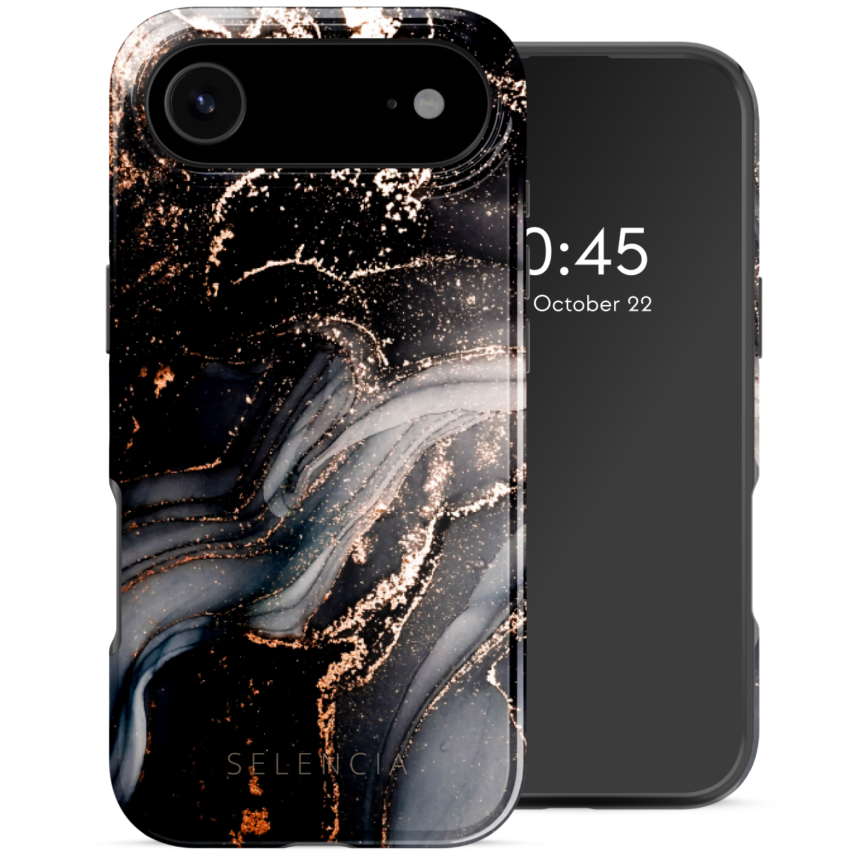 Coque de téléphone noire avec un motif marbré, des veines dorées et un téléphone noir avec l'heure 0:45, 22 octobre.