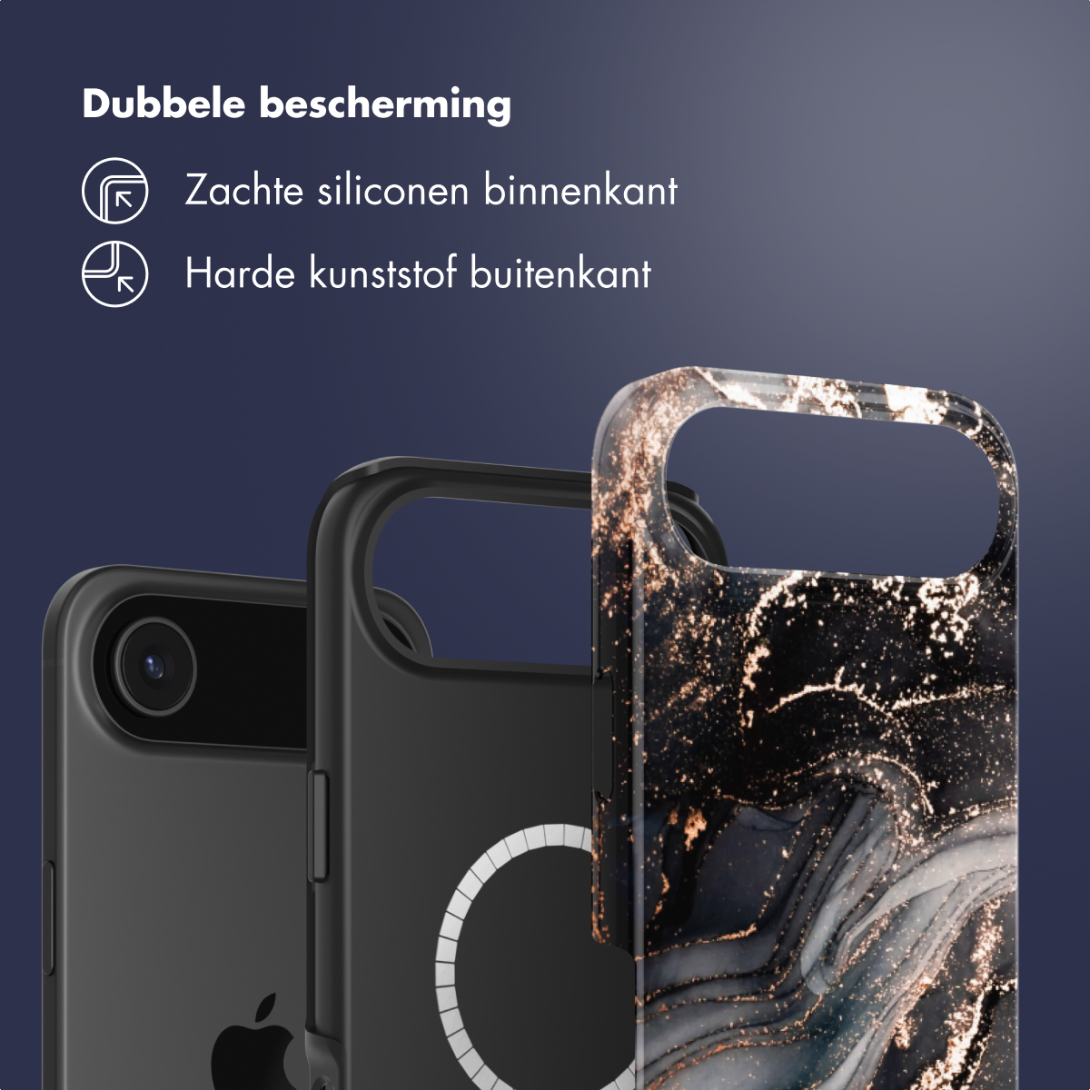Coques de téléphone noires. Une avec un motif marbré. Texte : Double protection, silicone souple à l'intérieur, plastique dur à l'extérieur. Fond bleu foncé.