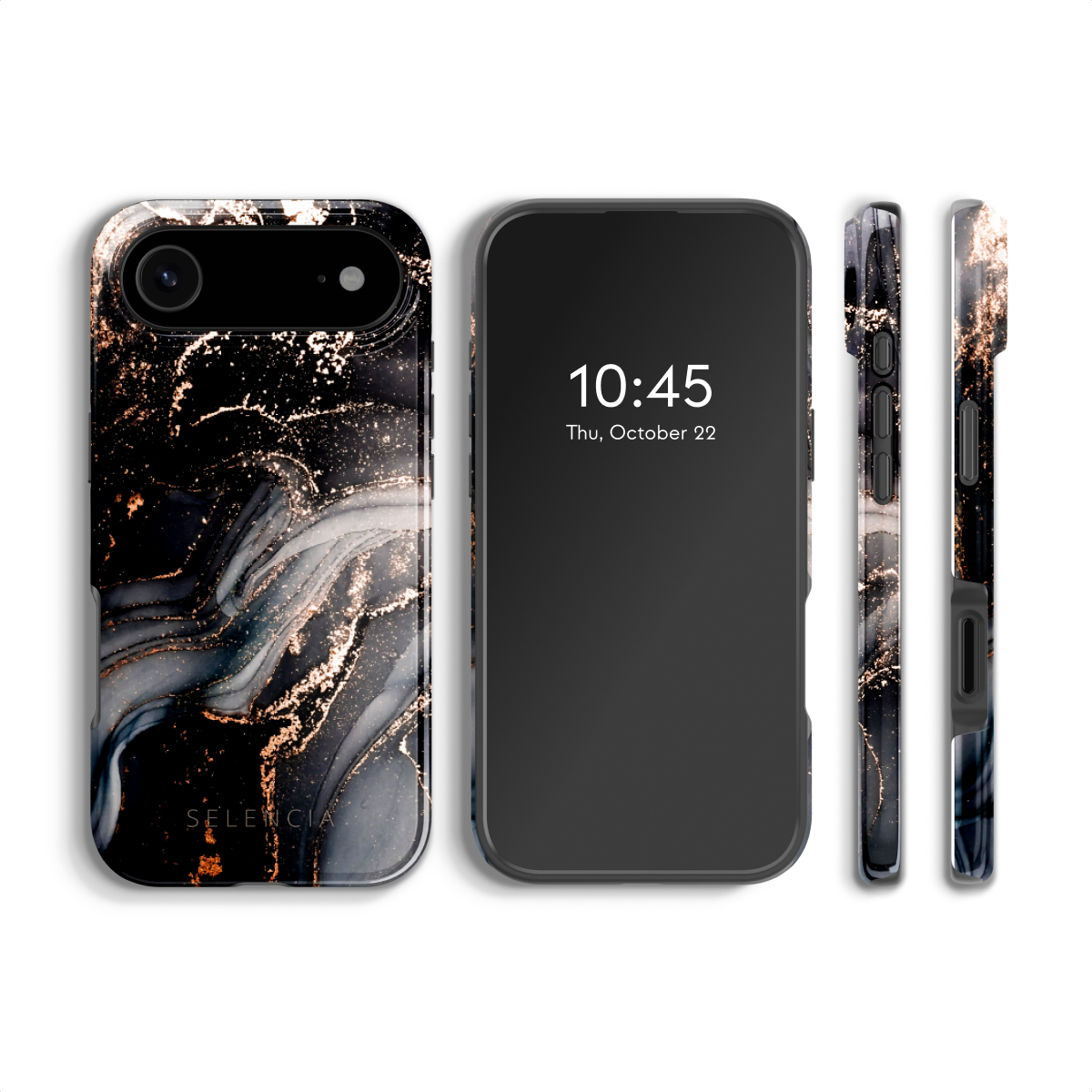 Un téléphone avec un étui noir semblable à du marbre. L'écran affiche 10:45 et jeu. 22 octobre. Des parties supplémentaires de l'étui sont affichées.