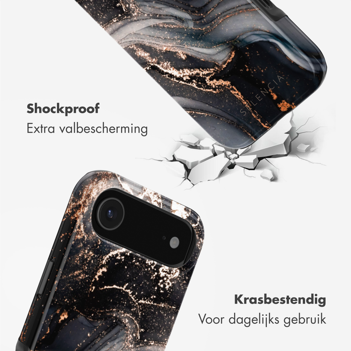 Deux coques de téléphone avec un design en marbre noir et or. L'une tombe, fissurant le sol. Textes : antichoc, résistant aux rayures.