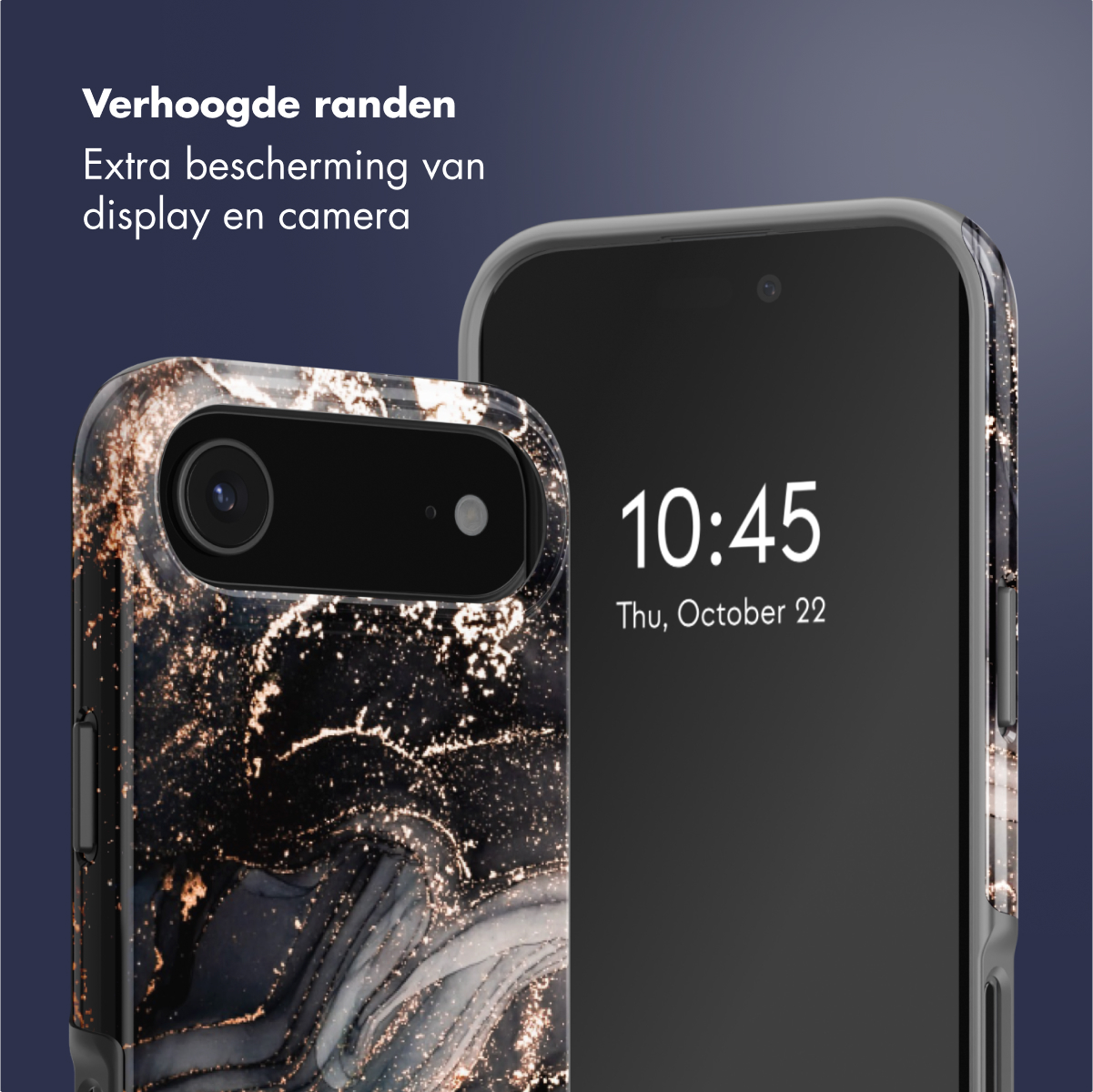 Un téléphone avec un étui à motifs marbrés est à côté d'un téléphone avec un écran noir affichant 10h45, 22 oct. Texte : protection supplémentaire de l'écran et de la caméra.