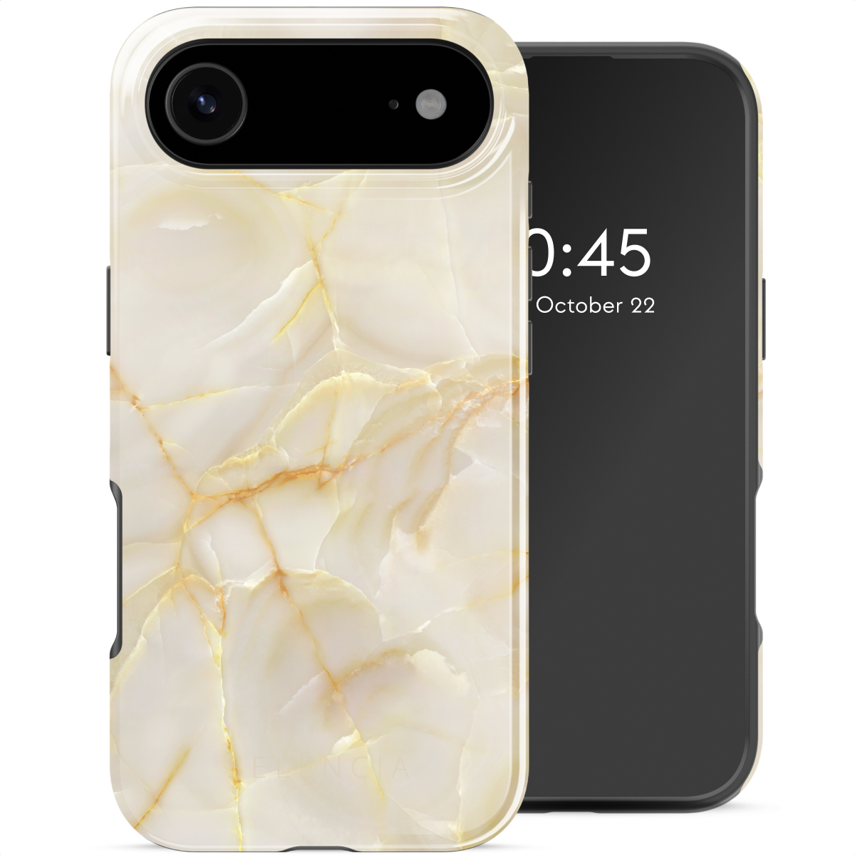 Un smartphone dans un étui à motif marbré. Le téléphone affiche l'heure, 0:45, et la date, 22 octobre. L'étui est blanc et or.