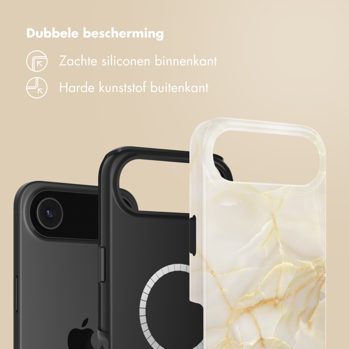 Trois coques de téléphone : noire, à motifs marbrés et une noire. Texte : Double protection, silicone souple à l'intérieur, plastique dur à l'extérieur.