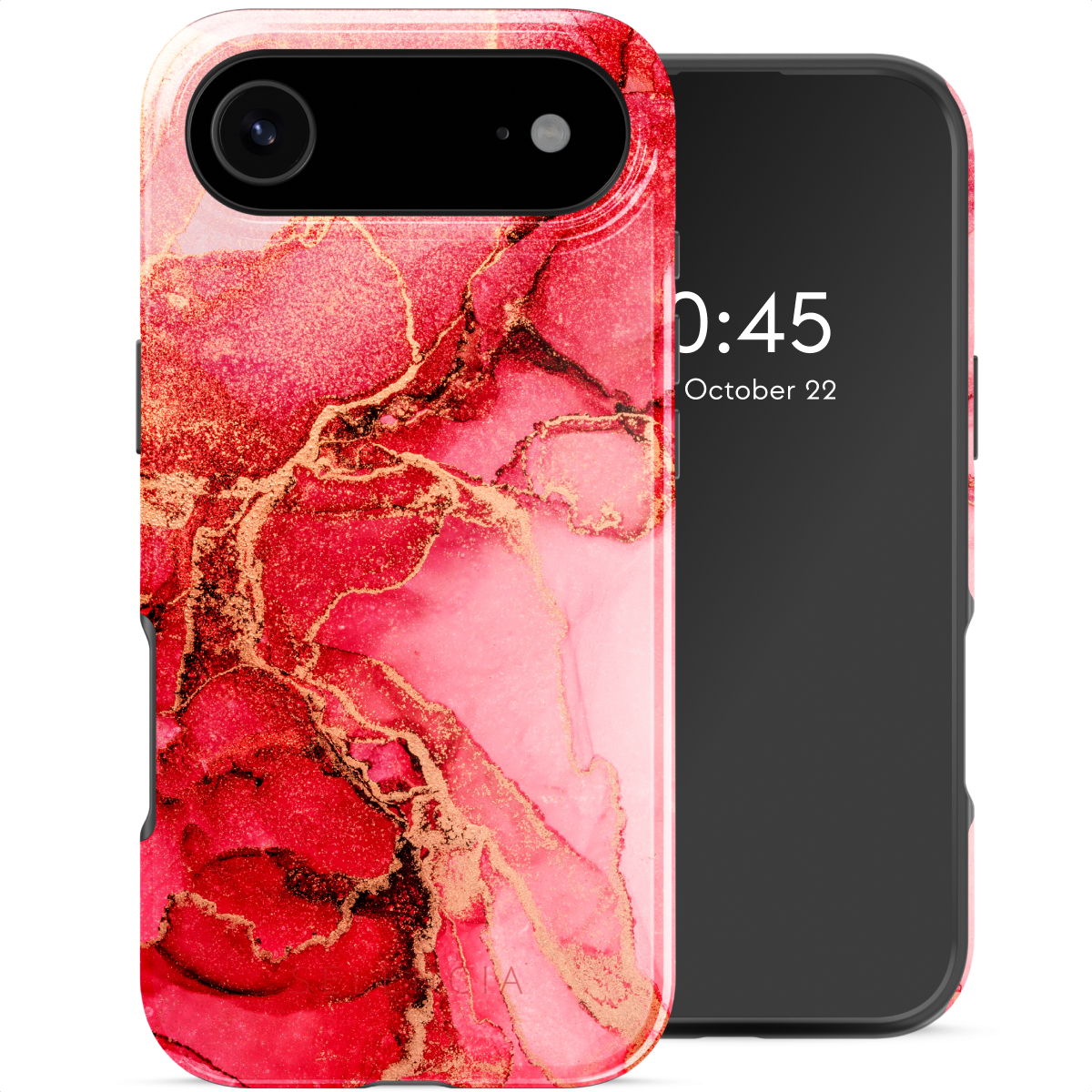 Een telefoon met een rood en goudkleurig patroonhoesje wordt getoond. Het scherm toont de tijd en datum.
