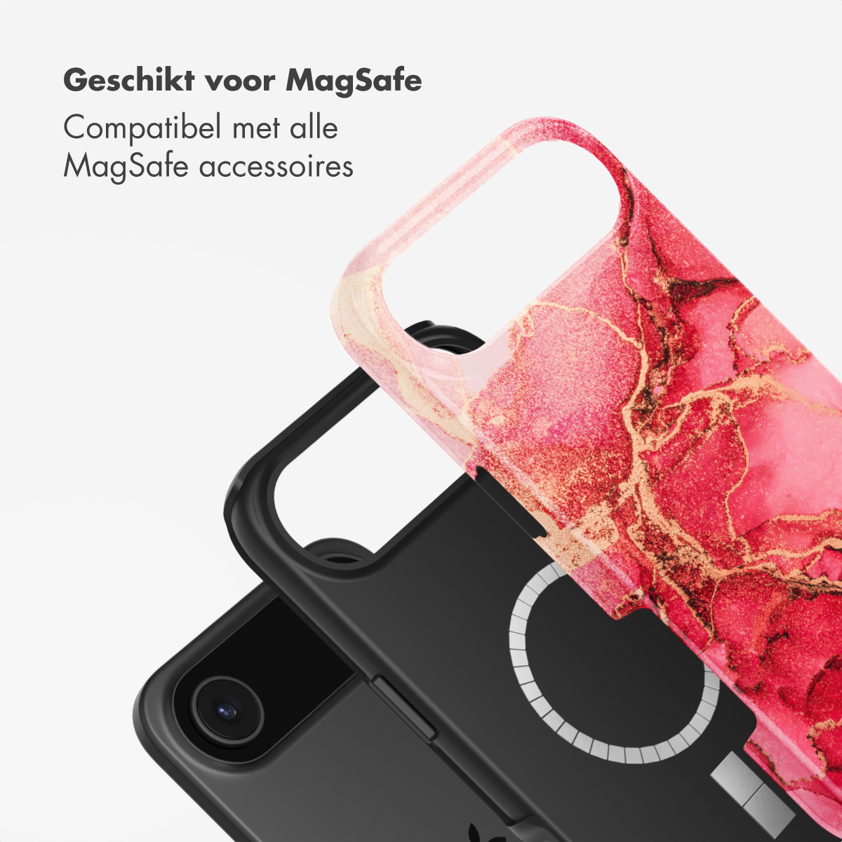 Een telefoonhoesje met een rood en goud marmerontwerp en een zwarte telefoon eronder. De hoes is gedeeltelijk open.