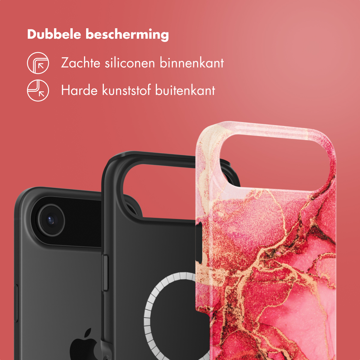 Drie telefoonhoesjes op rode achtergrond. Eén zwart, één gemarmerd roze en goud, en één zwart met witte cirkel. Tekst bovenaan.