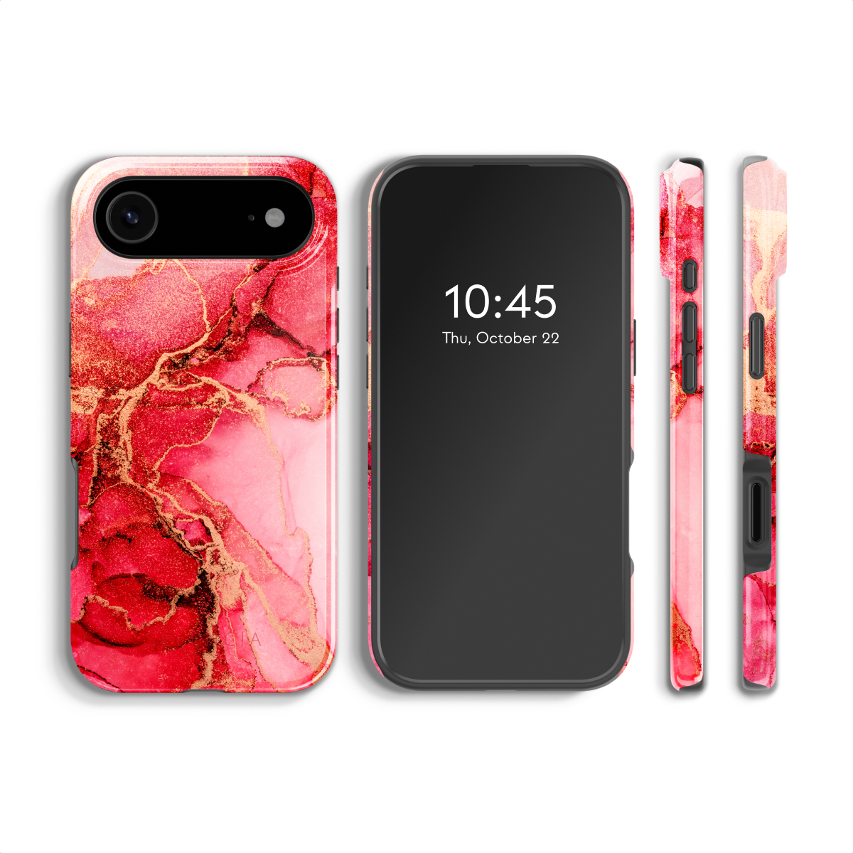 Een smartphone met een abstract rood en goud design hoesje wordt getoond. Het scherm toont de tijd en datum. Er worden twee extra weergaven van de hoes getoond.