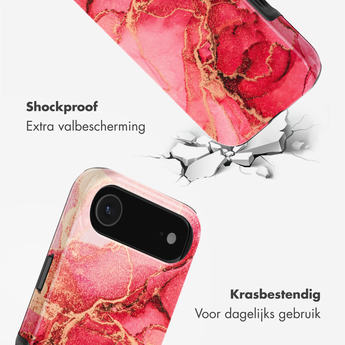 Afbeelding toont twee telefoonhoesjes met een rood marmerontwerp. Eén valt, de andere staat onderaan. Tekst zegt 'Schokbestendig' en 'Krasbestendig'.