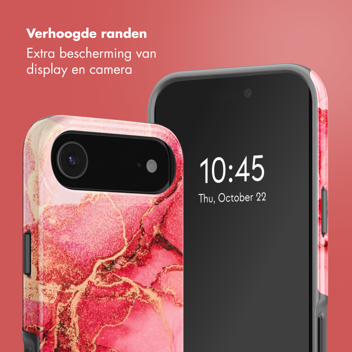 Twee smartphones met hoesjes. Eén toont een roze marmerontwerp, de ander toont de tijd 10:45 en de datum.