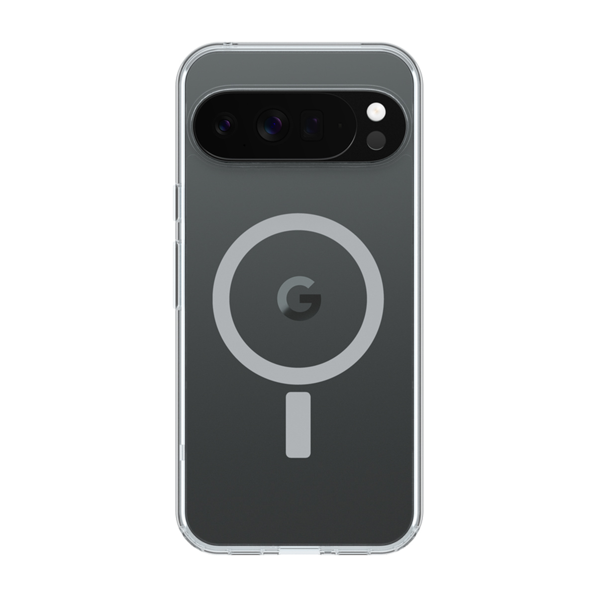 Une coque de téléphone transparente avec le logo Google et un indicateur de charge. L'appareil photo du téléphone est visible. Fond blanc.