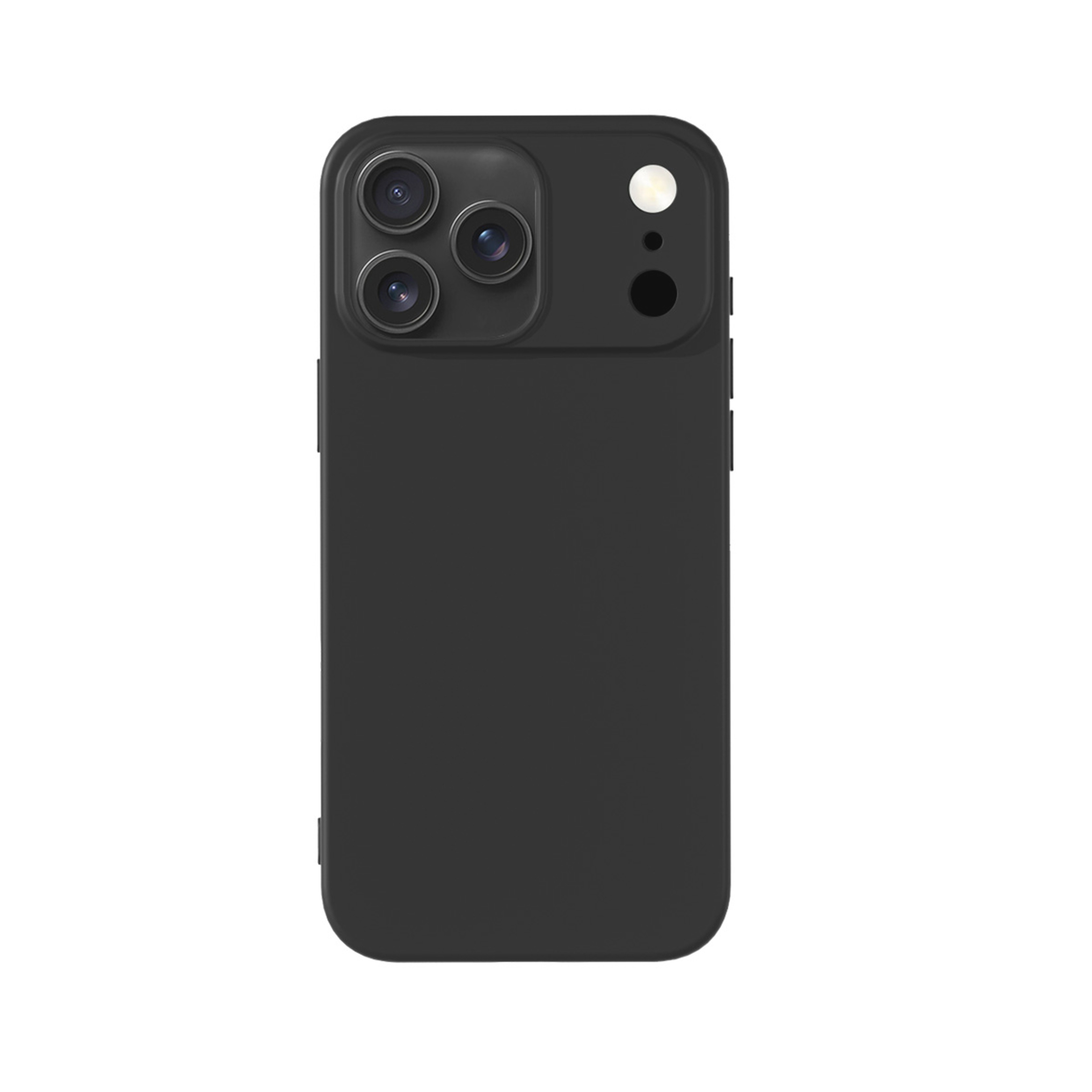 Schwarze Smartphone-Rückseite mit Kameramodul. Es hat drei Linsen, einen Blitz und einen schwarzen Körper.