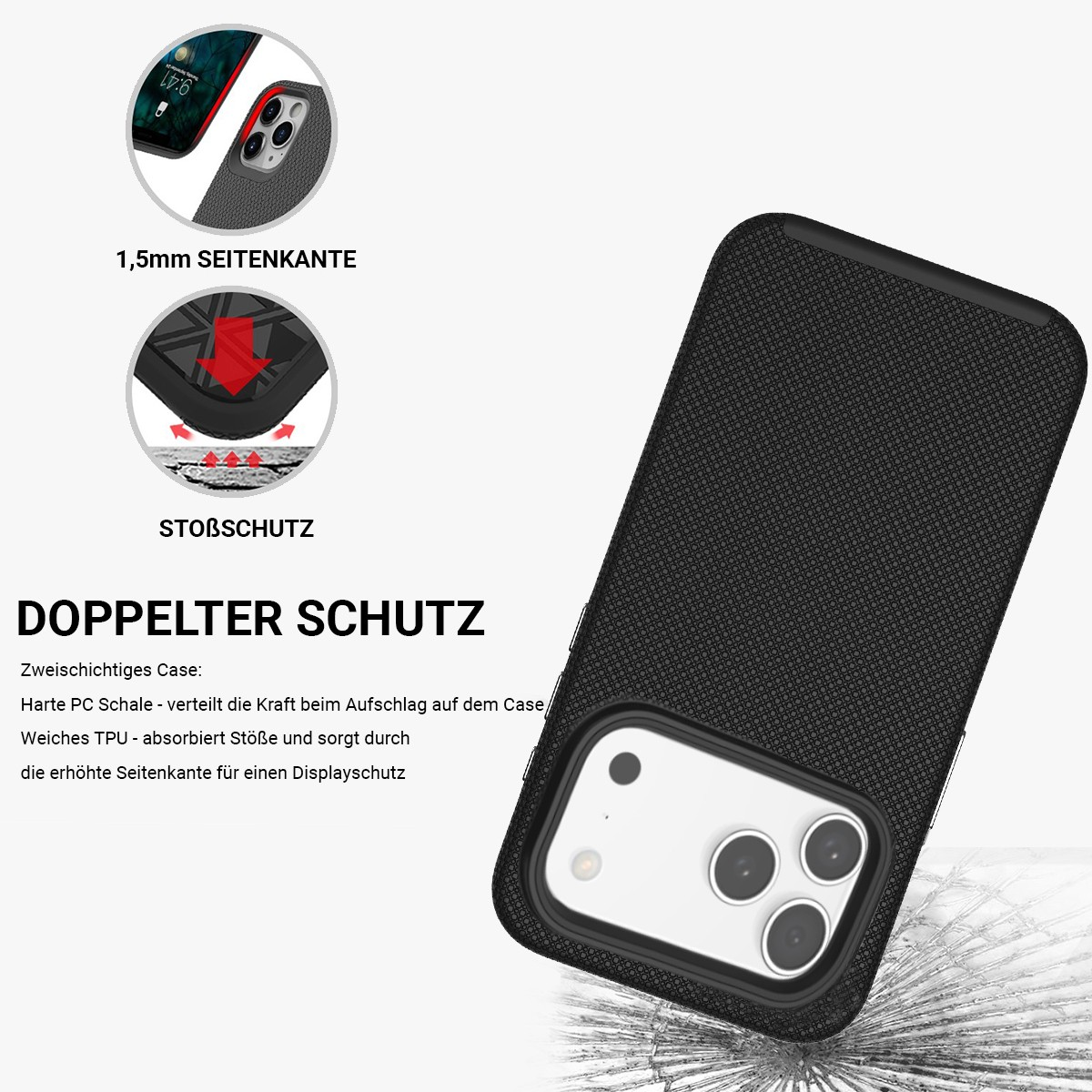 Eine schwarze Handyhülle mit einem iPhone. Diagramme zeigen Stoßschutz. Text in Deutsch hebt wichtige Merkmale hervor.